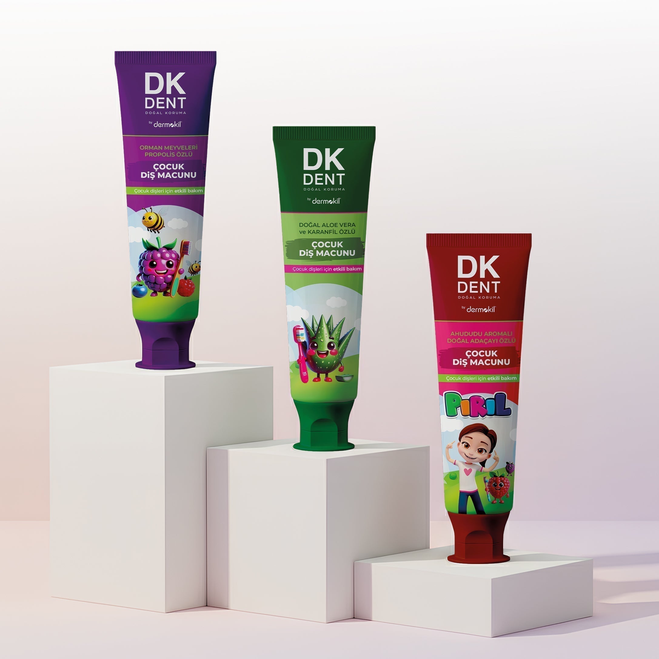 Çocuklar için florürsüz ve SLS içermeyen DKDENT doğal çocuk diş macunu — kil ve ksilitol içerikli güvenli formül