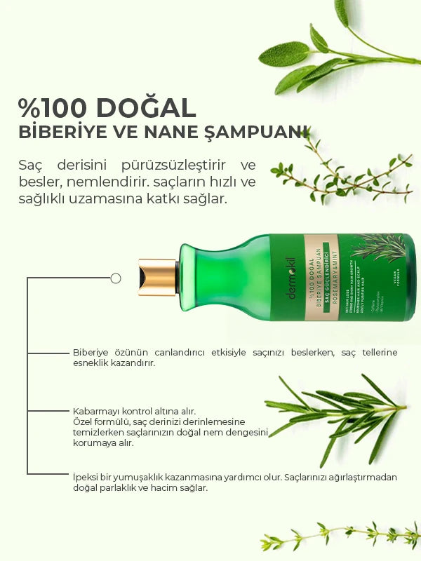 Saç Güçlendirici %100 Doğal Biberiye ve Nane Şampuan 400 ml - Dermokil