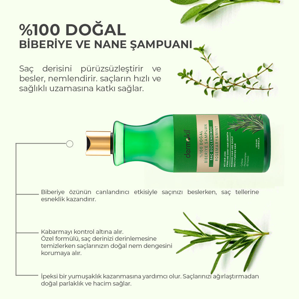 Saç Güçlendirici %100 Doğal Biberiye ve Nane Şampuan 400 ml - Dermokil