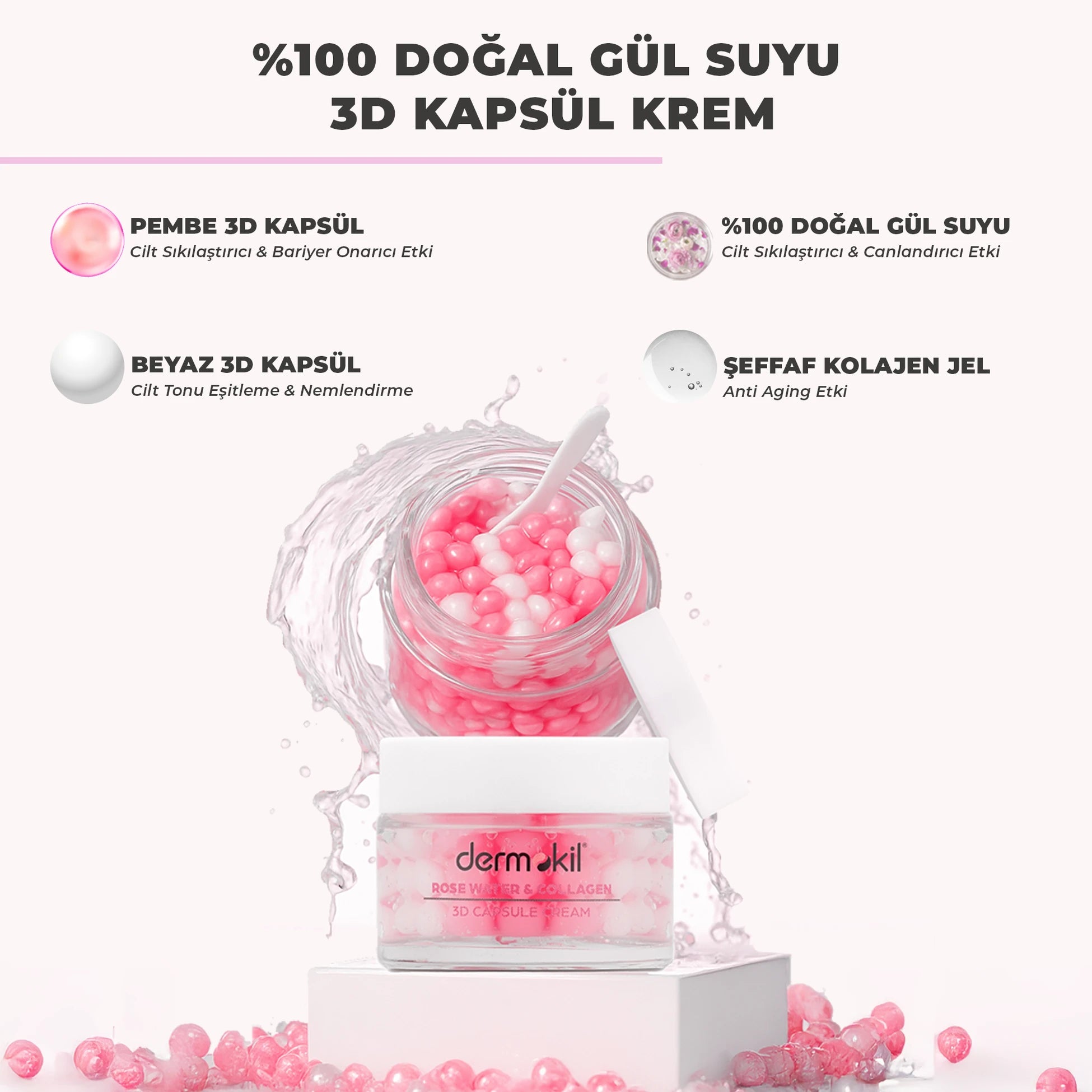 Canlandırıcı Yenileyici %100 Doğal Gül Suyu 3D Kapsül Krem 50 ml, Dermokil.