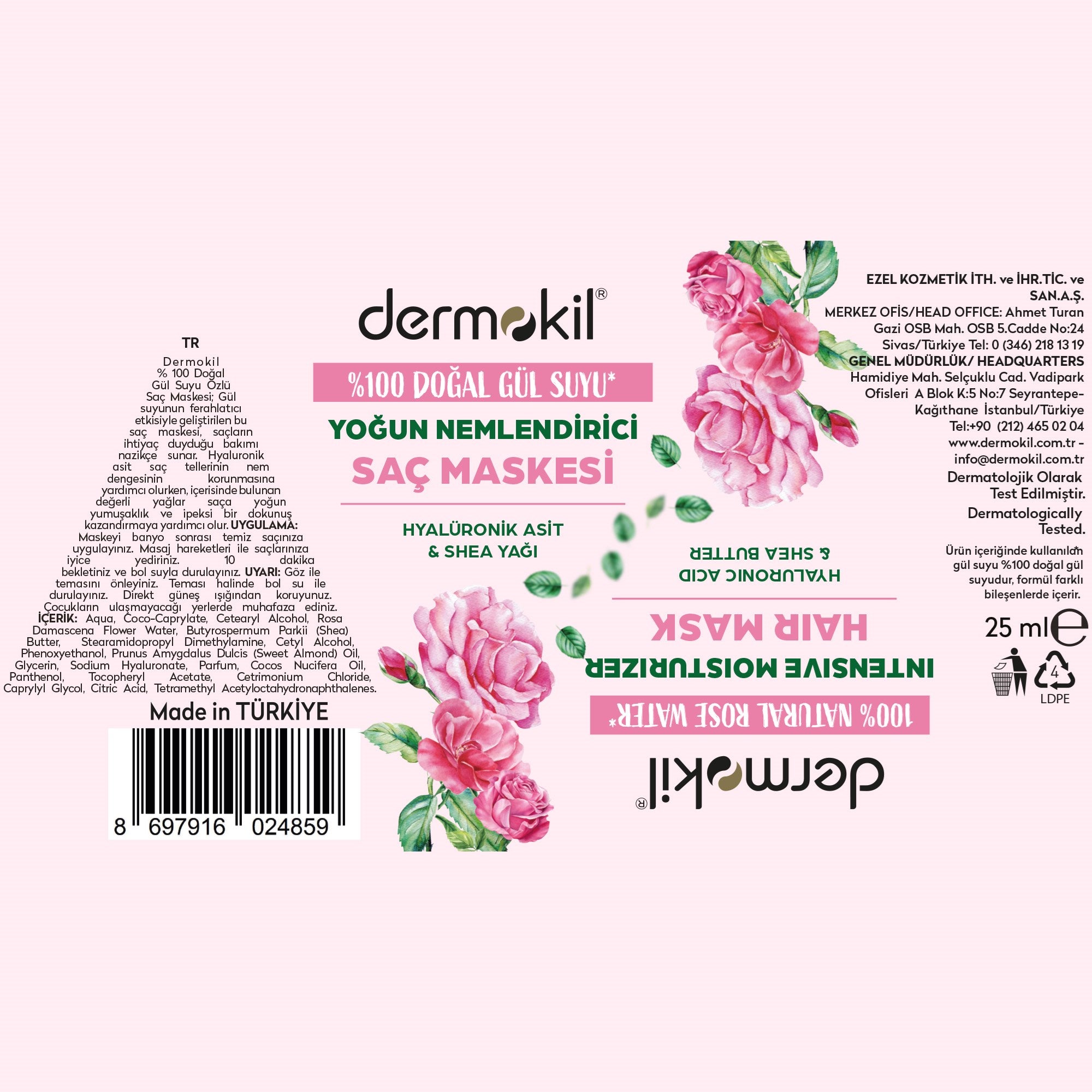  %100 Doğal Gül Suyu Yoğun Nemlendirici Saç Maskesi 25 ml