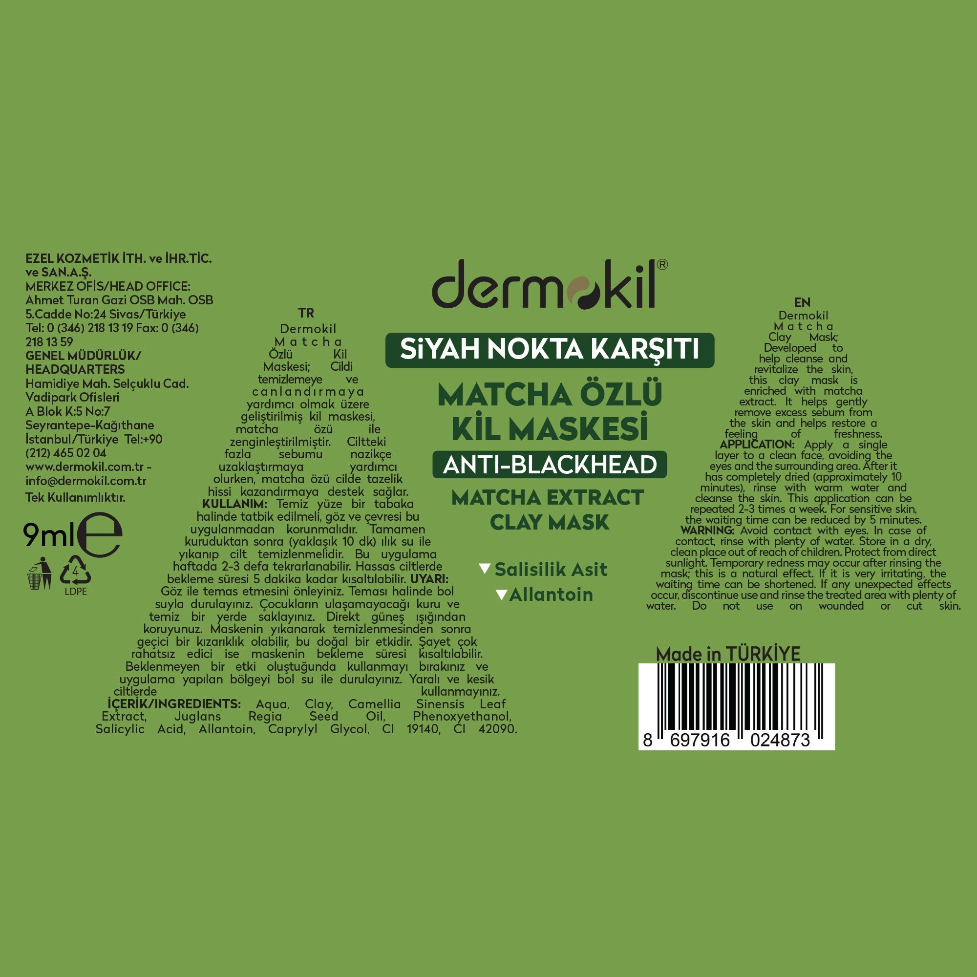 Siyah Nokta Karşıtı Matcha Özlü Kil Maskesi 9 ml