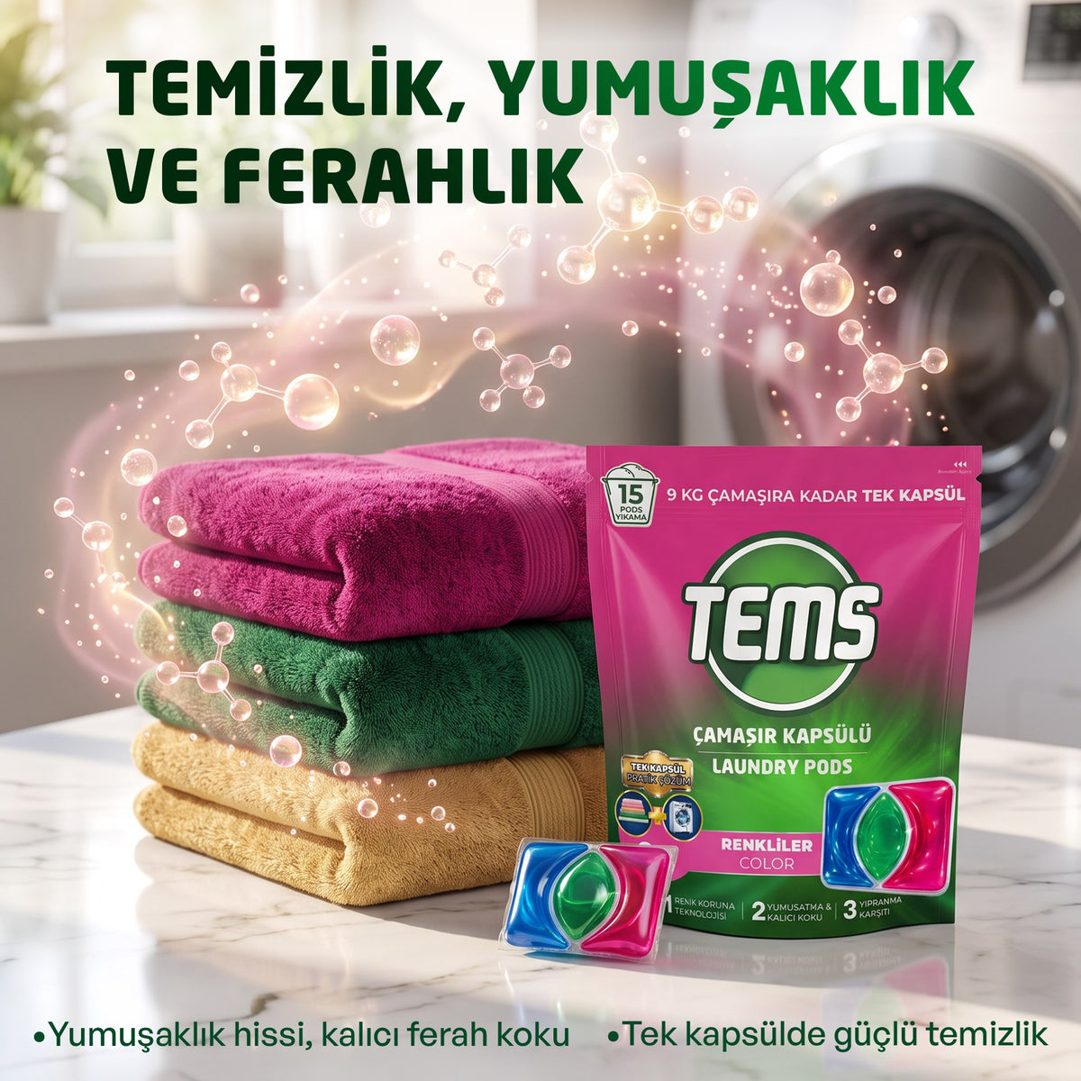 Renkliler İçin 3’ü 1 Arada Çamaşır Deterjanı Kapsülü 15 Yıkama