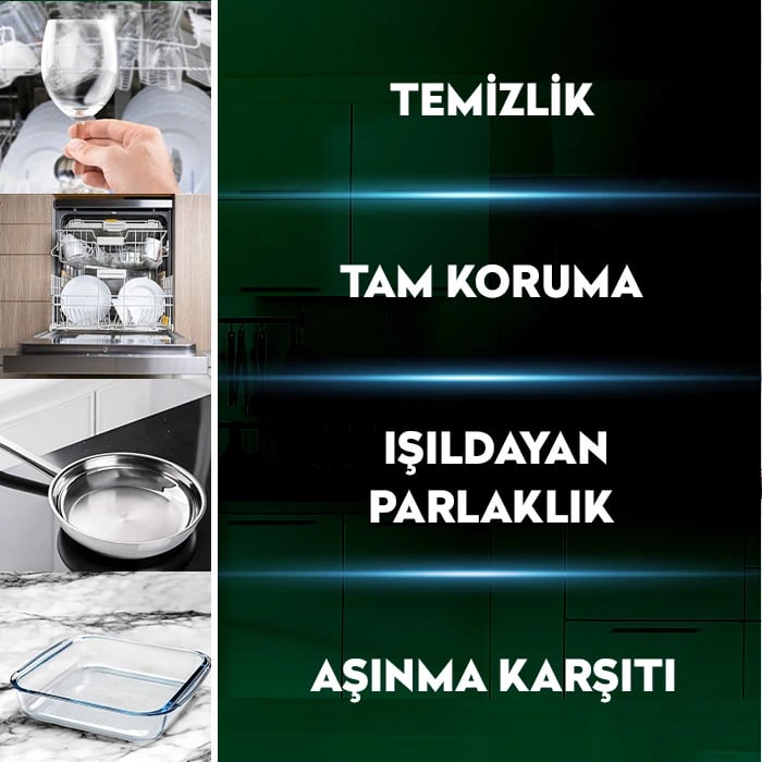 4 etkili bulaşık makinesi kapsül deterjanı ile zorlu yağ ve kirleri temizleyen, parlaklık sağlayan ve bulaşıklarda hijyenik temizlik sunan güçlü temizlik ürünü