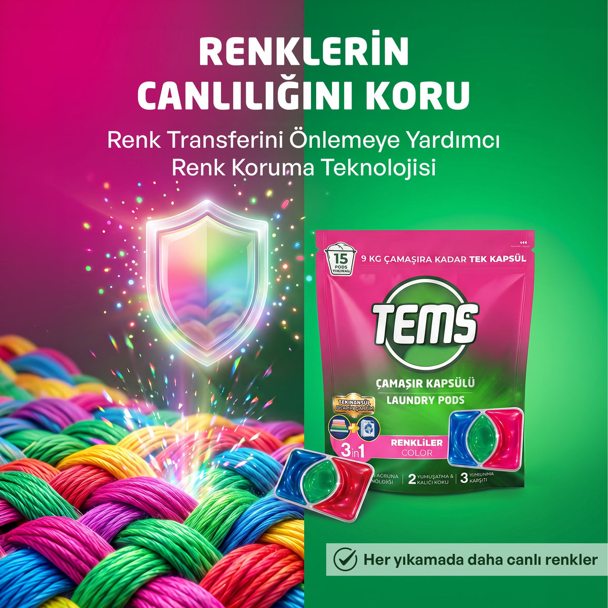 Renkliler İçin 3’ü 1 Arada Çamaşır Deterjanı Kapsülü 15 Yıkama