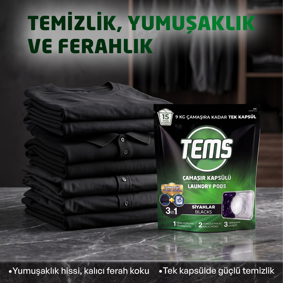 Siyahlar İçin 3’ü 1 Arada Çamaşır Deterjanı Kapsülü 15 Yıkama