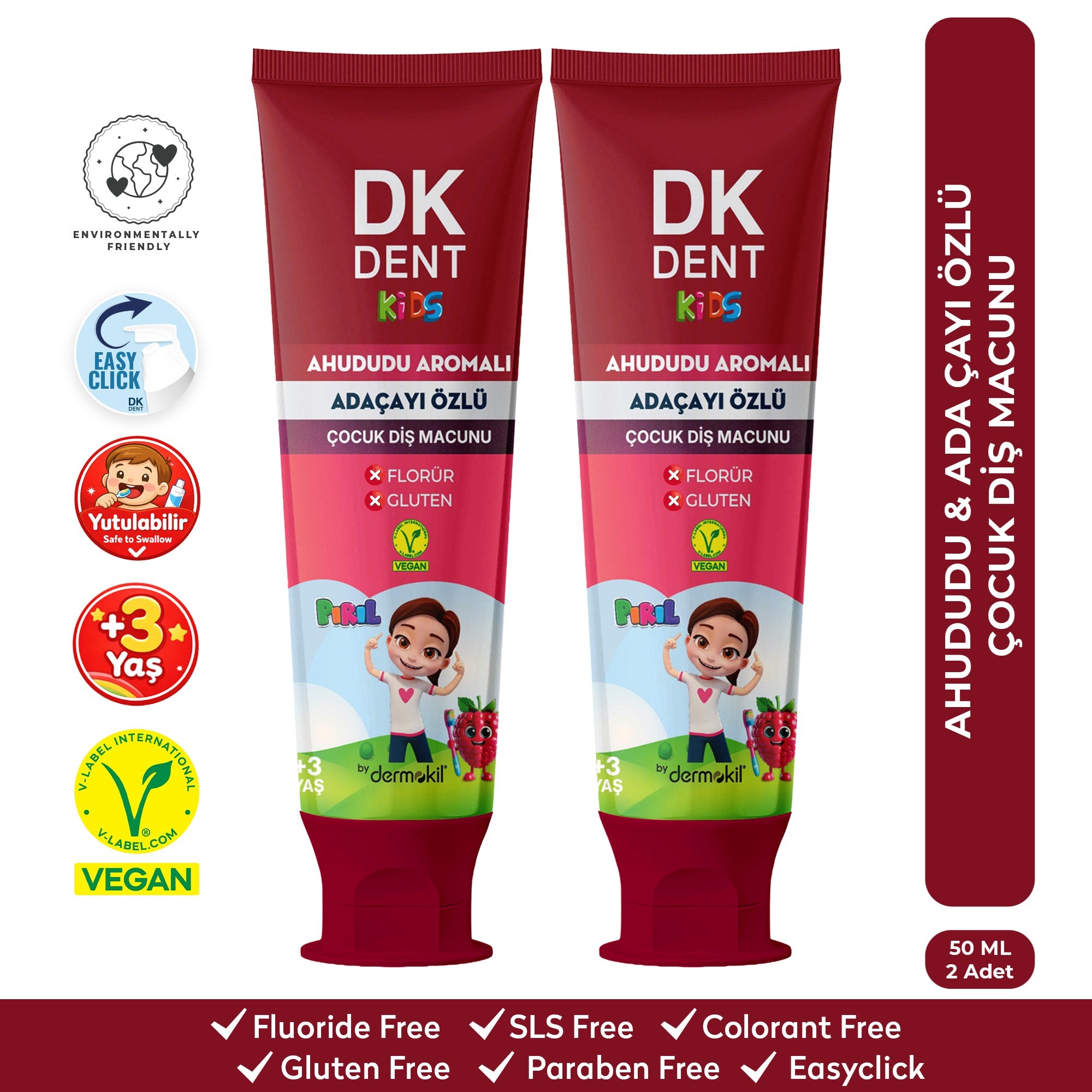 Pırıl Ahududu Aromalı Florürsüz Çocuk Diş Macunu 50 ml 2'li Set