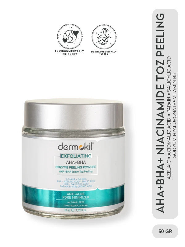AHA BHA ve niacinamide içeren enzim toz peeling ile cildi nazikçe arındıran, ölü deriyi temizleyen ve daha pürüzsüz bir cilt görünümü kazandırmaya yardımcı bakım ürünü