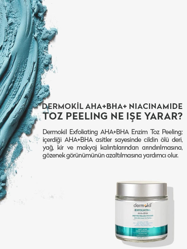 AHA BHA ve niacinamide içeren enzim toz peeling ile cildi nazikçe arındıran, ölü deriyi temizleyen ve daha pürüzsüz bir cilt görünümü kazandırmaya yardımcı bakım ürünü