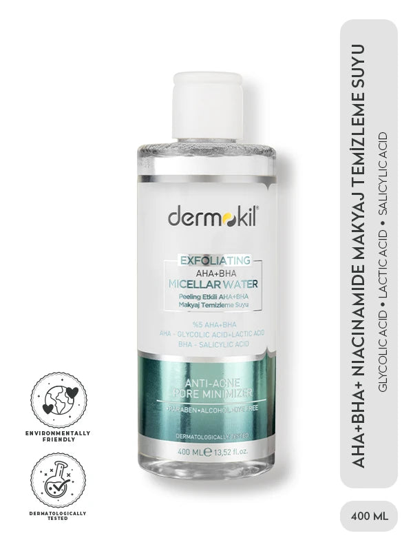AHA BHA ve niacinamide içeren micellar makyaj temizleme suyu ile cildi nazikçe arındıran, gözenekleri temizleyen ve daha pürüzsüz bir cilt görünümü kazandırmaya yardımcı olan bakım ürünü