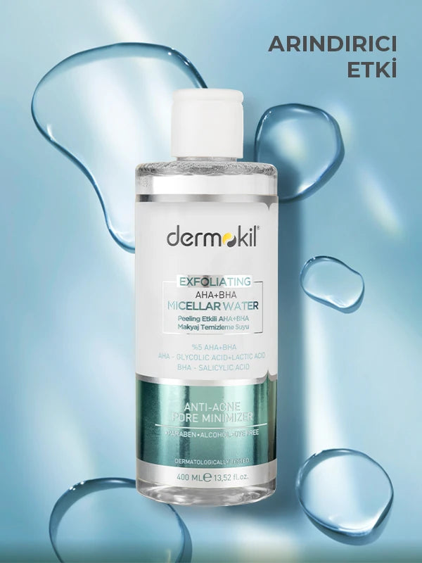 AHA BHA ve niacinamide içeren micellar makyaj temizleme suyu ile cildi nazikçe arındıran, gözenekleri temizleyen ve daha pürüzsüz bir cilt görünümü kazandırmaya yardımcı olan bakım ürünü