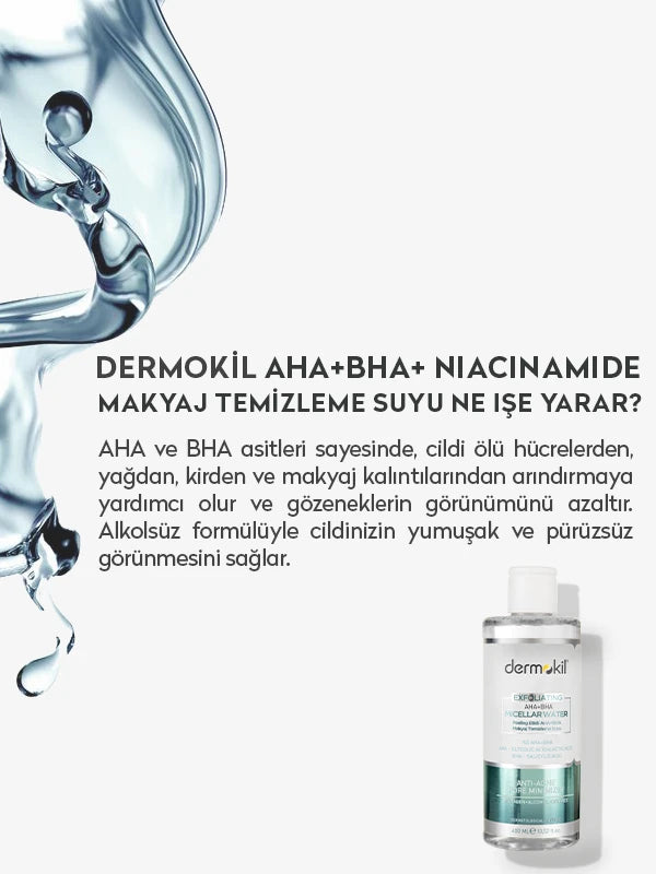 AHA BHA ve niacinamide içeren micellar makyaj temizleme suyu ile cildi nazikçe arındıran, gözenekleri temizleyen ve daha pürüzsüz bir cilt görünümü kazandırmaya yardımcı olan bakım ürünü