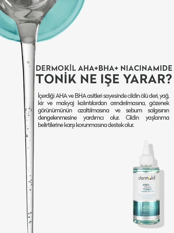 AHA BHA ve niacinamide içeren tonik ile cildi arındıran, gözenekleri temizleyen ve daha pürüzsüz, dengeli bir cilt görünümü kazandırmaya yardımcı olan bakım ürünü