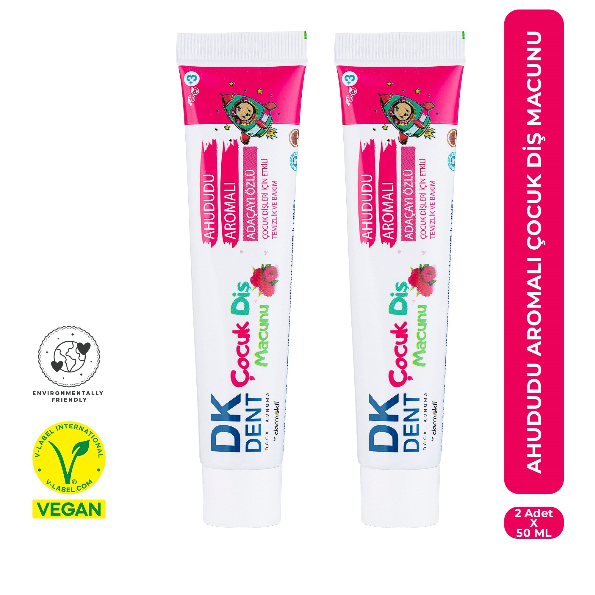 Ahududu aromalı çocuk diş macunu 2’li set ile dişleri nazikçe temizleyen, çürük oluşumunu önlemeye yardımcı olan ve florür, SLS içermeyen doğal içerikli ağız bakım ürünü