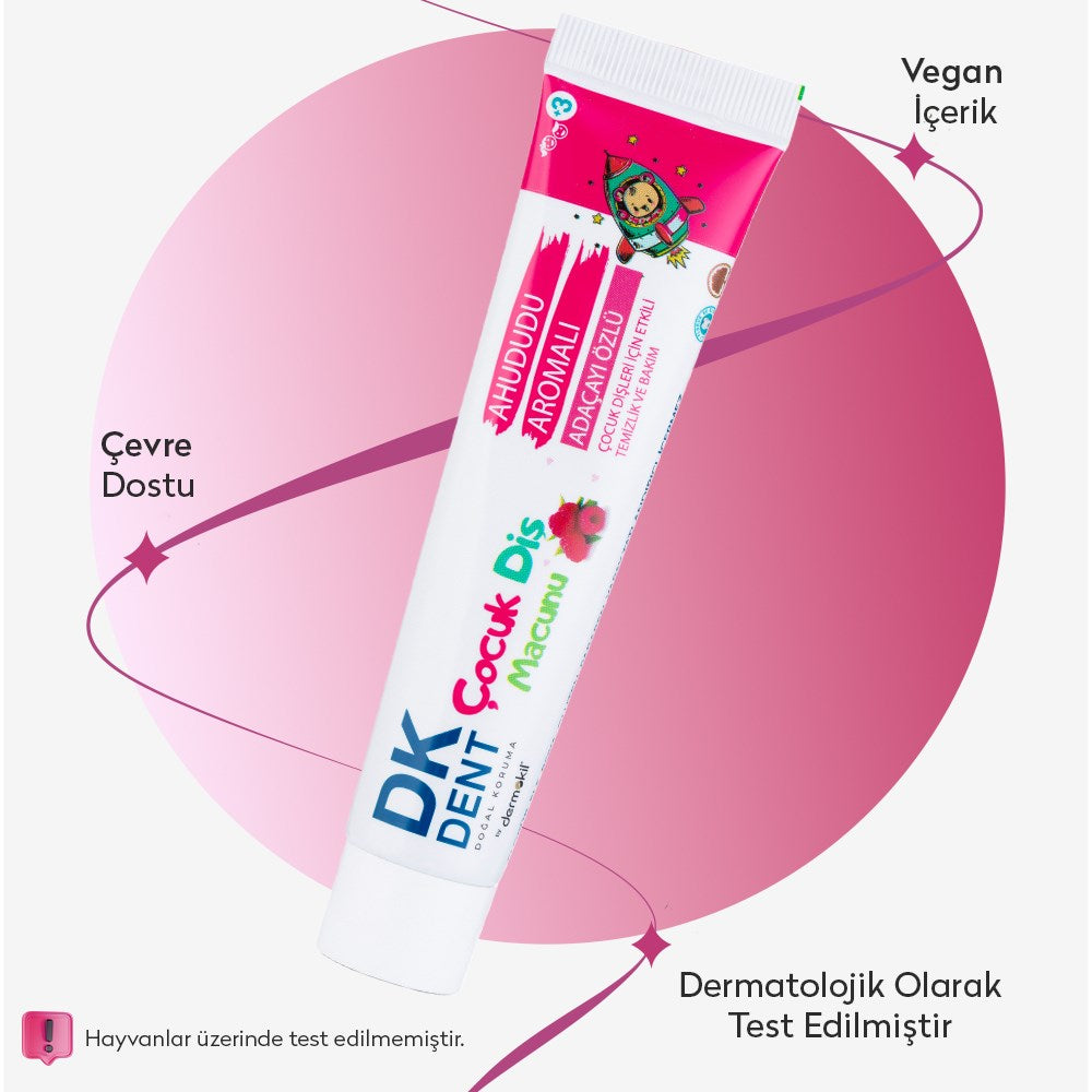 Ahududu aromalı çocuk diş macunu 2’li set ile dişleri nazikçe temizleyen, çürük oluşumunu önlemeye yardımcı olan ve florür, SLS içermeyen doğal içerikli ağız bakım ürünü