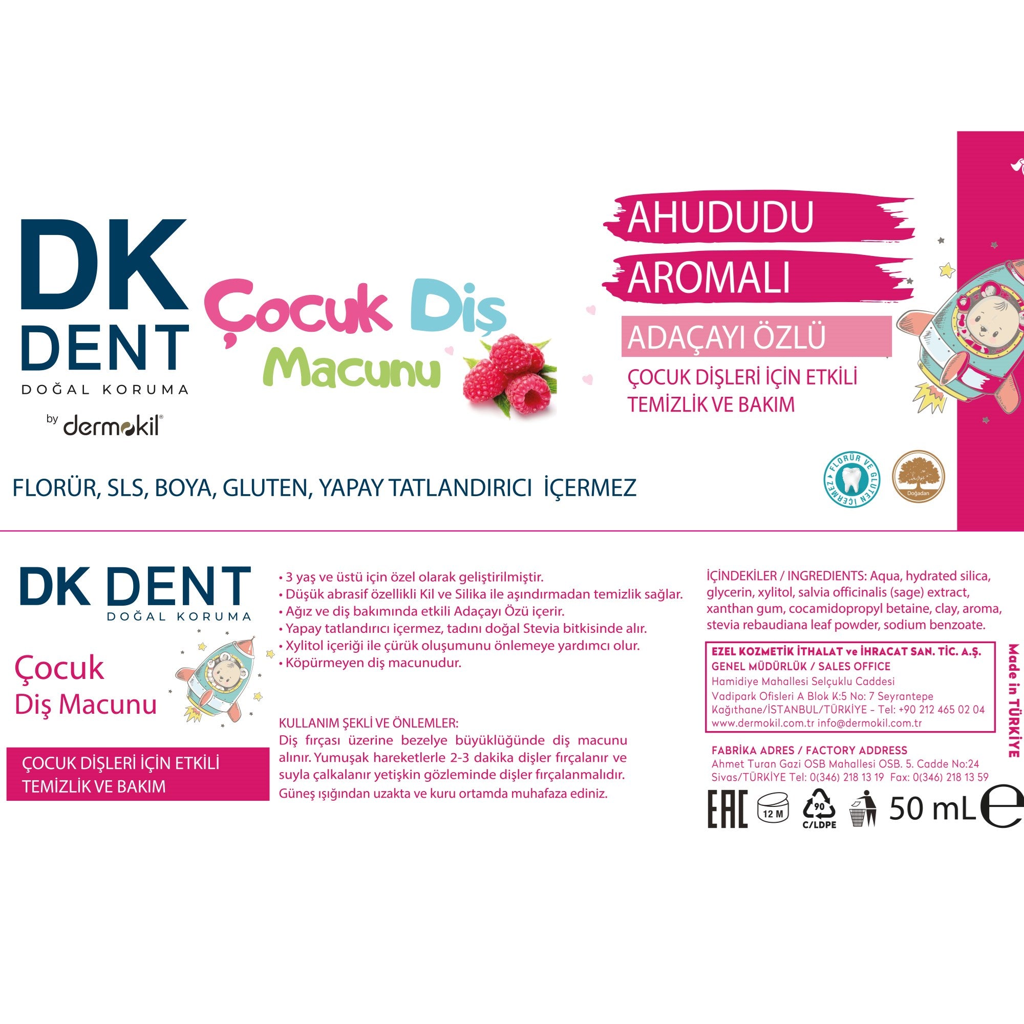 Ahududu Aromalı Çocuk Diş Macunu 50 ml 2'li Set, Dermokil.