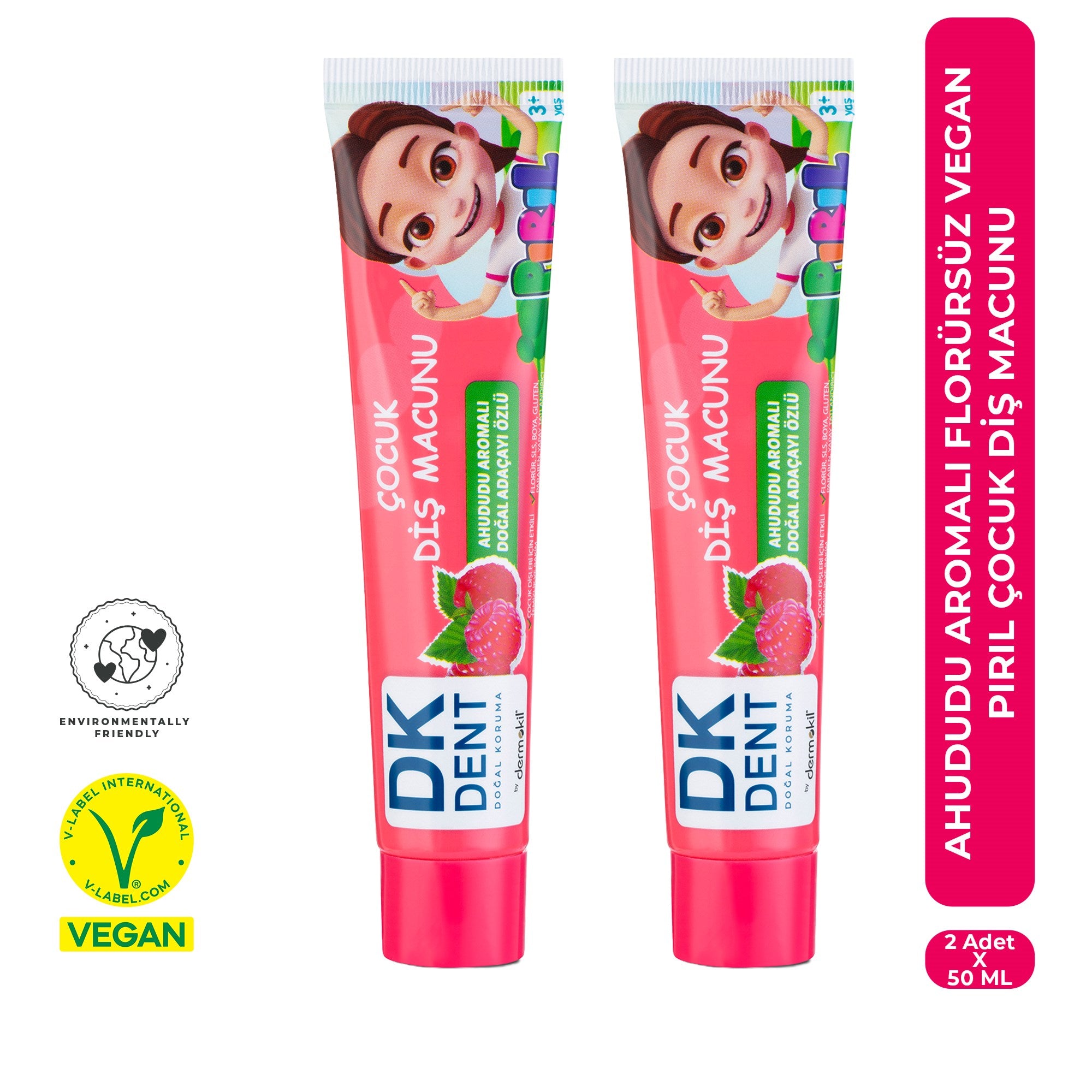 Ahududu aromalı florürsüz vegan çocuk diş macunu 2’li set ile dişleri nazikçe temizleyen, çürük oluşumunu önlemeye yardımcı olan ve çocuklar için güvenli ağız bakım ürünü