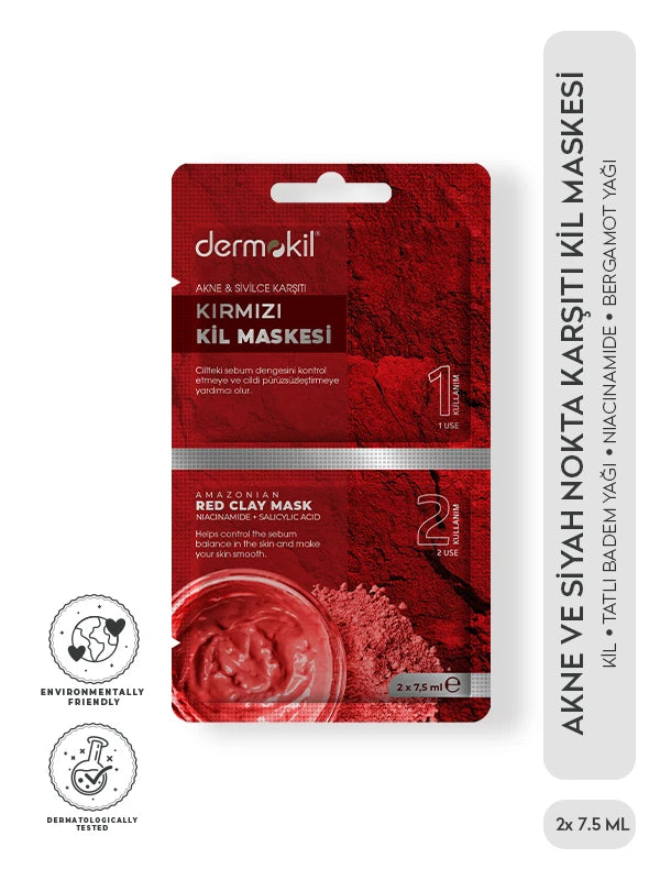 Akne ve sivilce karşıtı kırmızı kil maske ile cildi arındıran, fazla yağı dengeleyen ve daha temiz, pürüzsüz bir cilt görünümü kazandırmaya yardımcı bakım ürünü