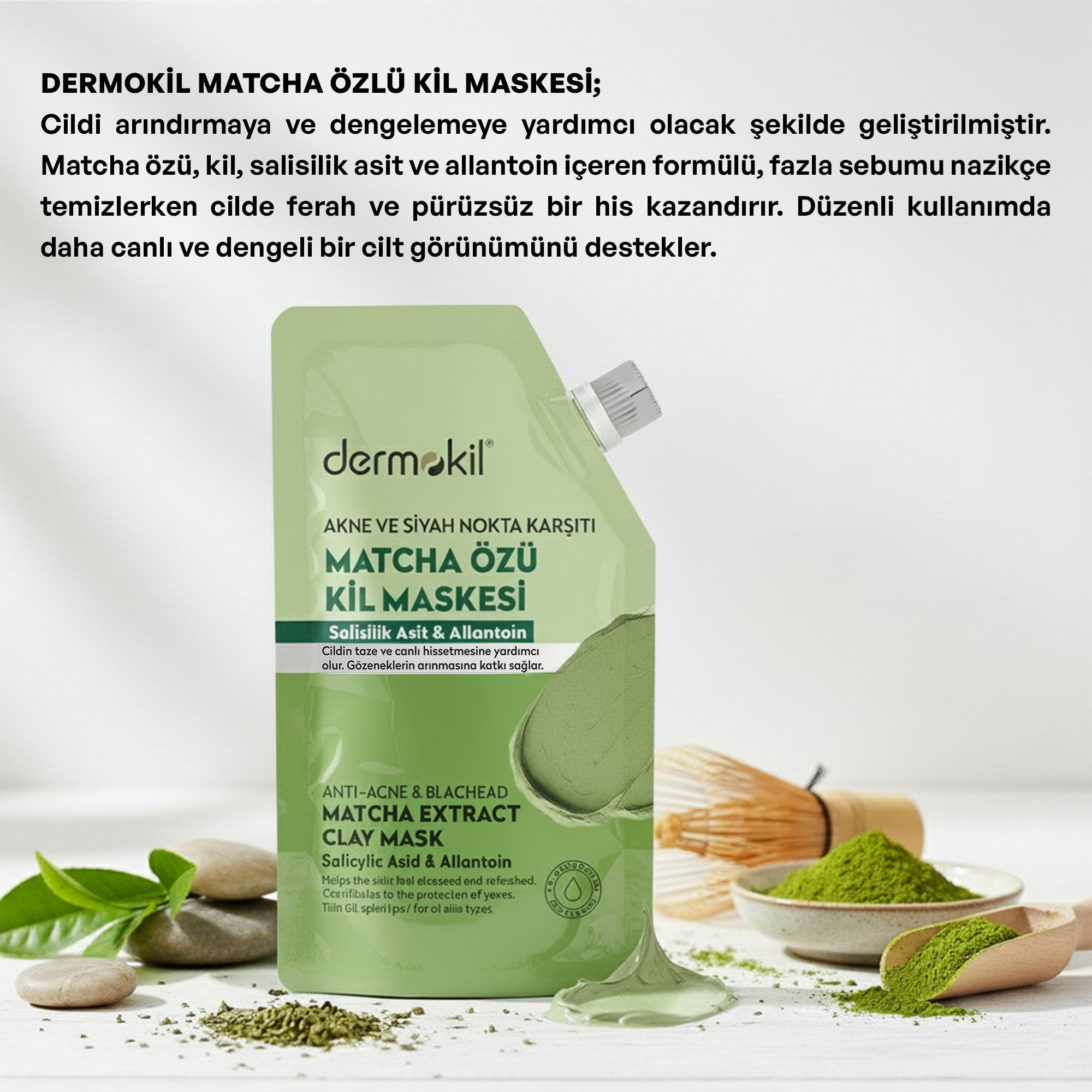 Dermokil matcha özlü kil maskesi cildi arındırarak fazla yağı dengelemeye ve daha temiz bir görünüm kazandırmaya destek olur
