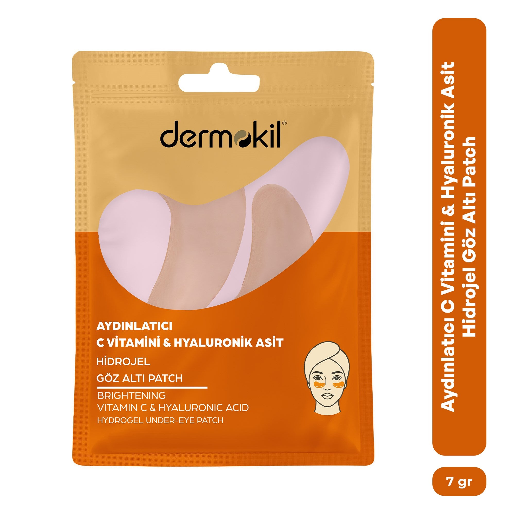 C vitamini ve hyaluronik asit içeren aydınlatıcı göz altı hidrojel patch maske ile göz çevresini nemlendiren, aydınlatan ve daha canlı, dinlenmiş bir görünüm kazandırmaya yardımcı bakım ürünü