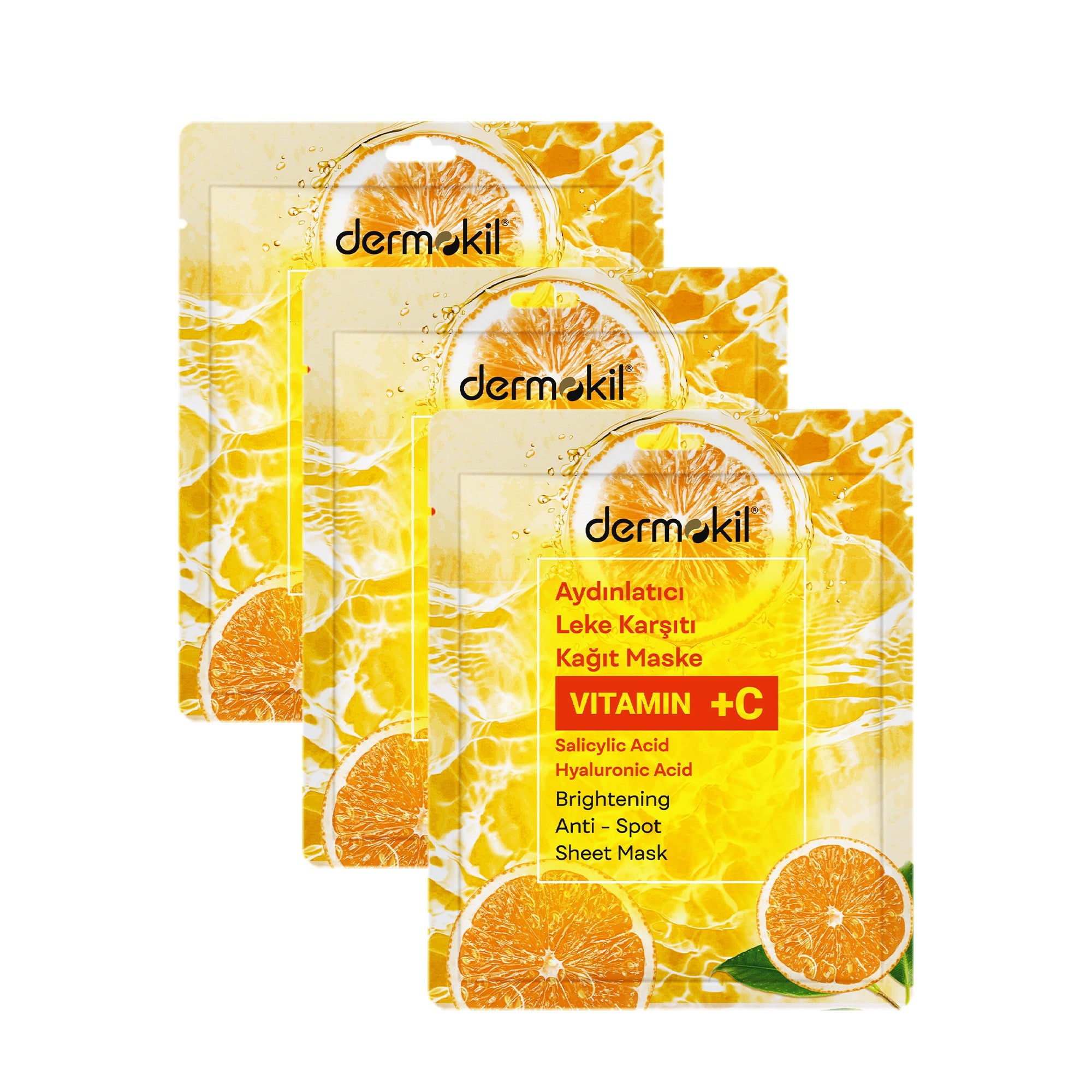 C vitamini içeren aydınlatıcı kağıt yüz maskesi seti ile cildi nemlendiren, canlandıran ve daha parlak, pürüzsüz ve eşit tonlu bir cilt görünümü kazandırmaya yardımcı bakım ürünü