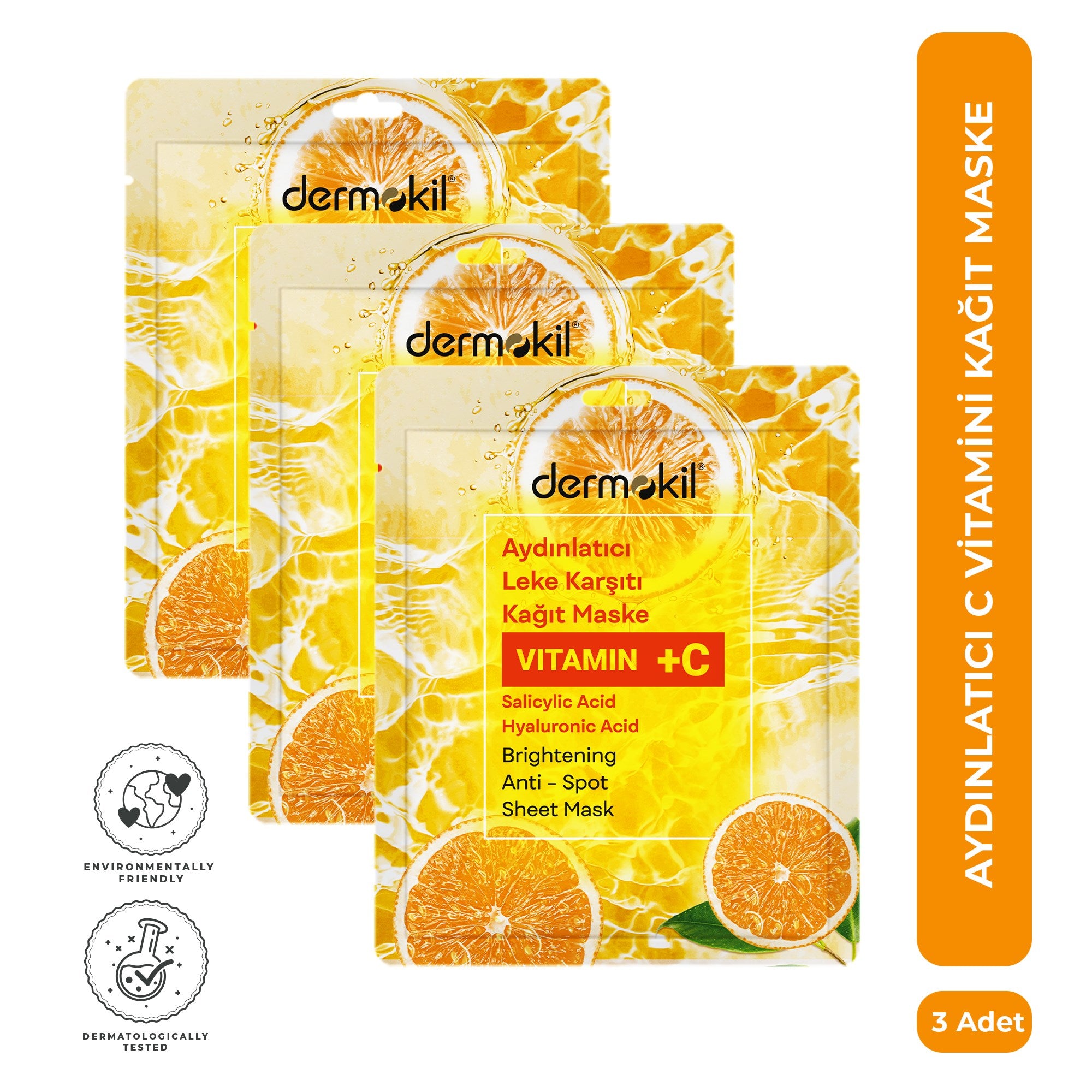 C vitamini içeren aydınlatıcı kağıt yüz maskesi seti ile cildi nemlendiren, canlandıran ve daha parlak, pürüzsüz ve eşit tonlu bir cilt görünümü kazandırmaya yardımcı bakım ürünü