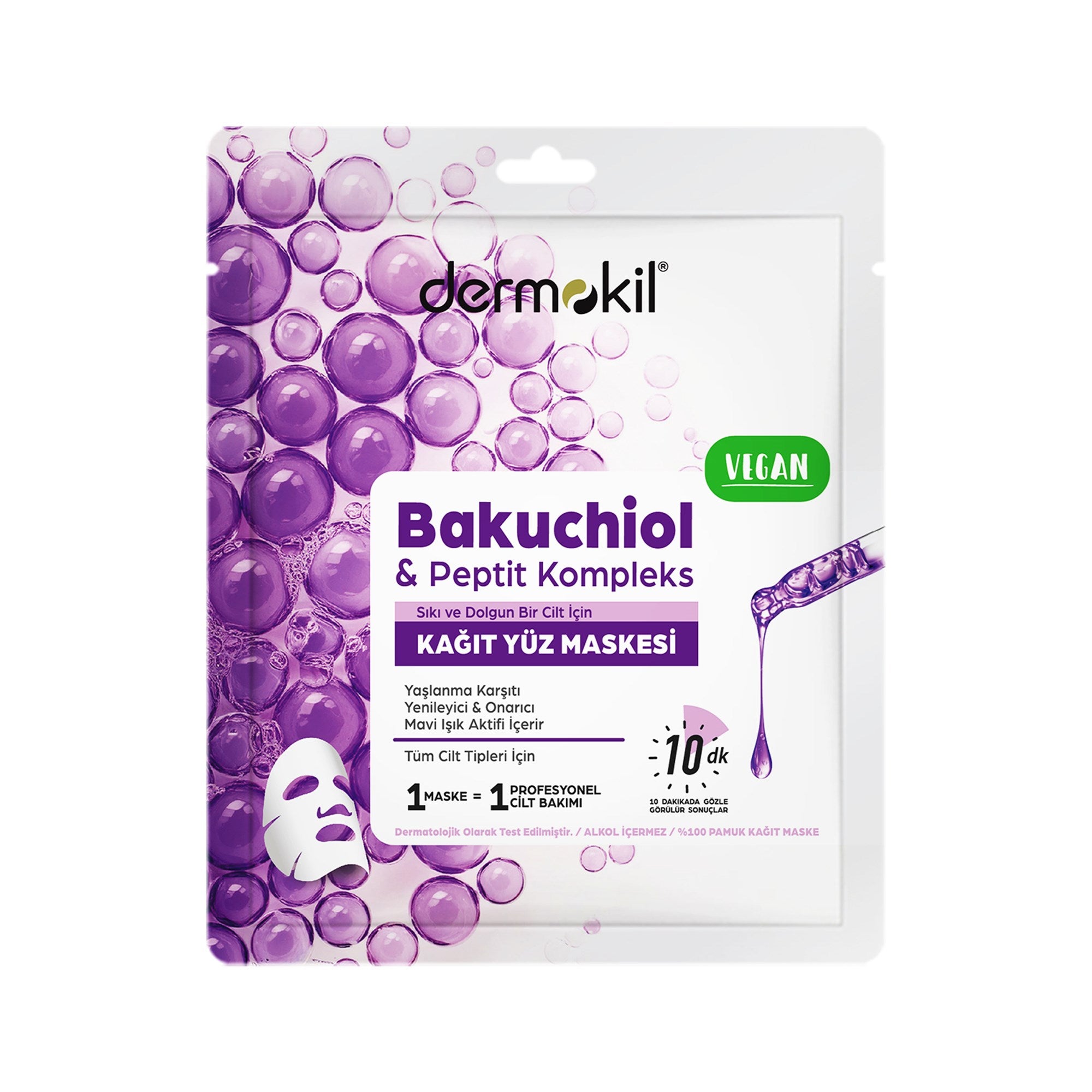 Bakuchiol ve peptit kompleks içeren yaşlanma karşıtı kağıt yüz maskesi ile cildi yenileyen, sıkılaştıran ve daha pürüzsüz bir görünüm kazandırmaya yardımcı olan bakım ürünü