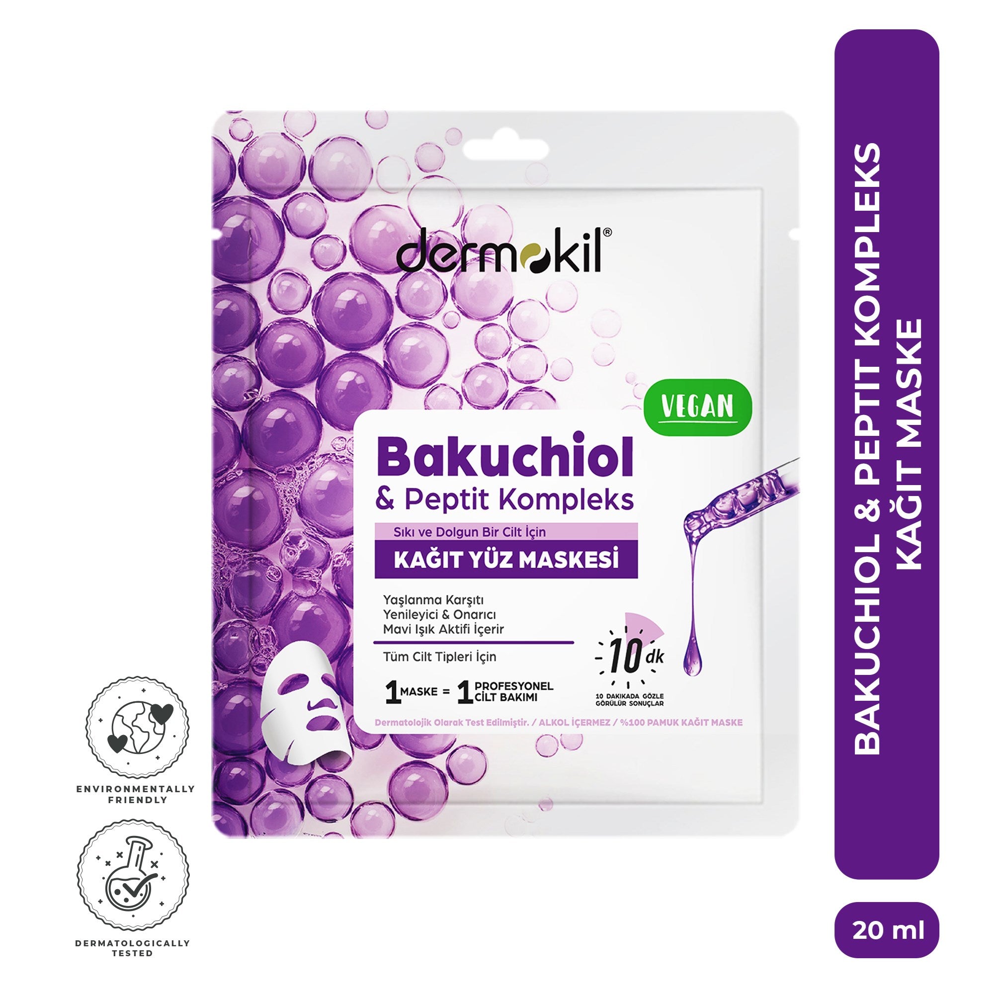 Bakuchiol ve peptit kompleks içeren yaşlanma karşıtı kağıt yüz maskesi ile cildi yenileyen, sıkılaştıran ve daha pürüzsüz bir görünüm kazandırmaya yardımcı olan bakım ürünü