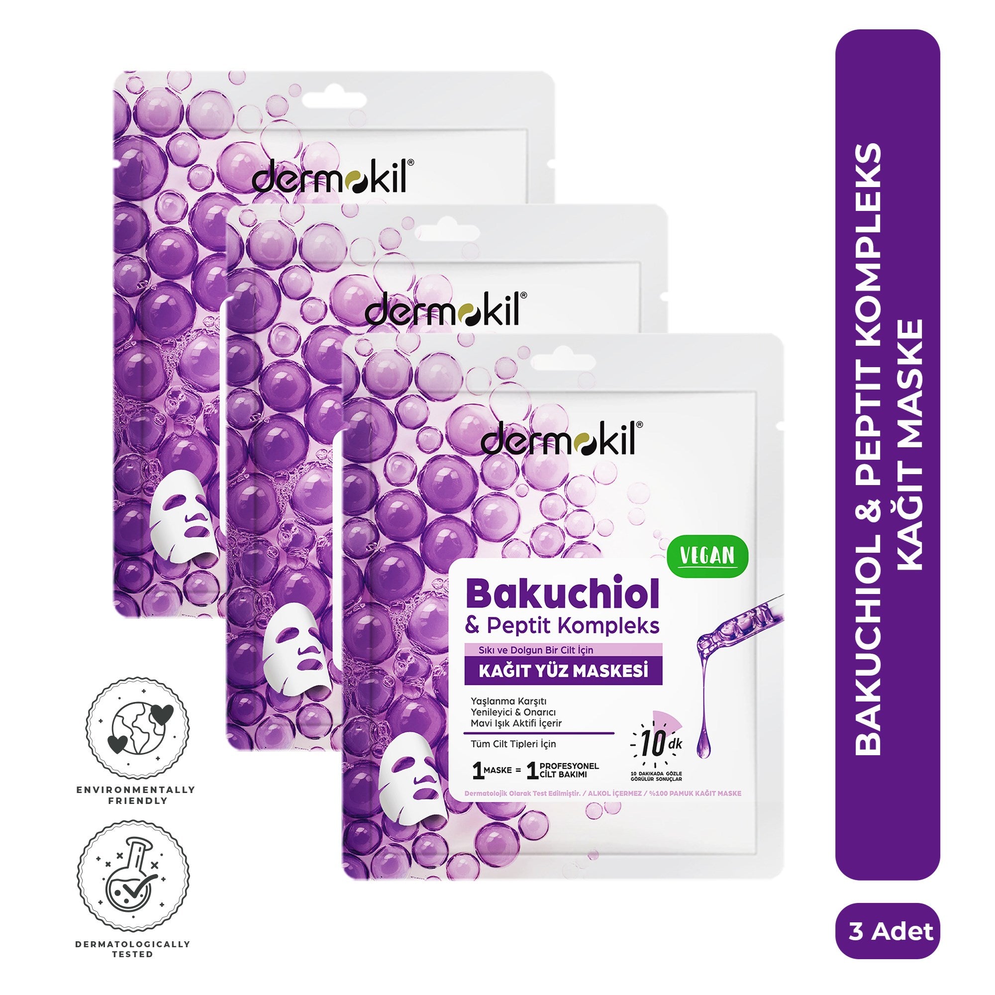 Bakuchiol ve peptit kompleks içeren yaşlanma karşıtı kağıt yüz maskesi ile cildi onaran, nemlendiren ve ince çizgi görünümünü azaltmaya yardımcı olarak daha sıkı, pürüzsüz ve genç bir cilt görünümü kazandıran bakım ürünü