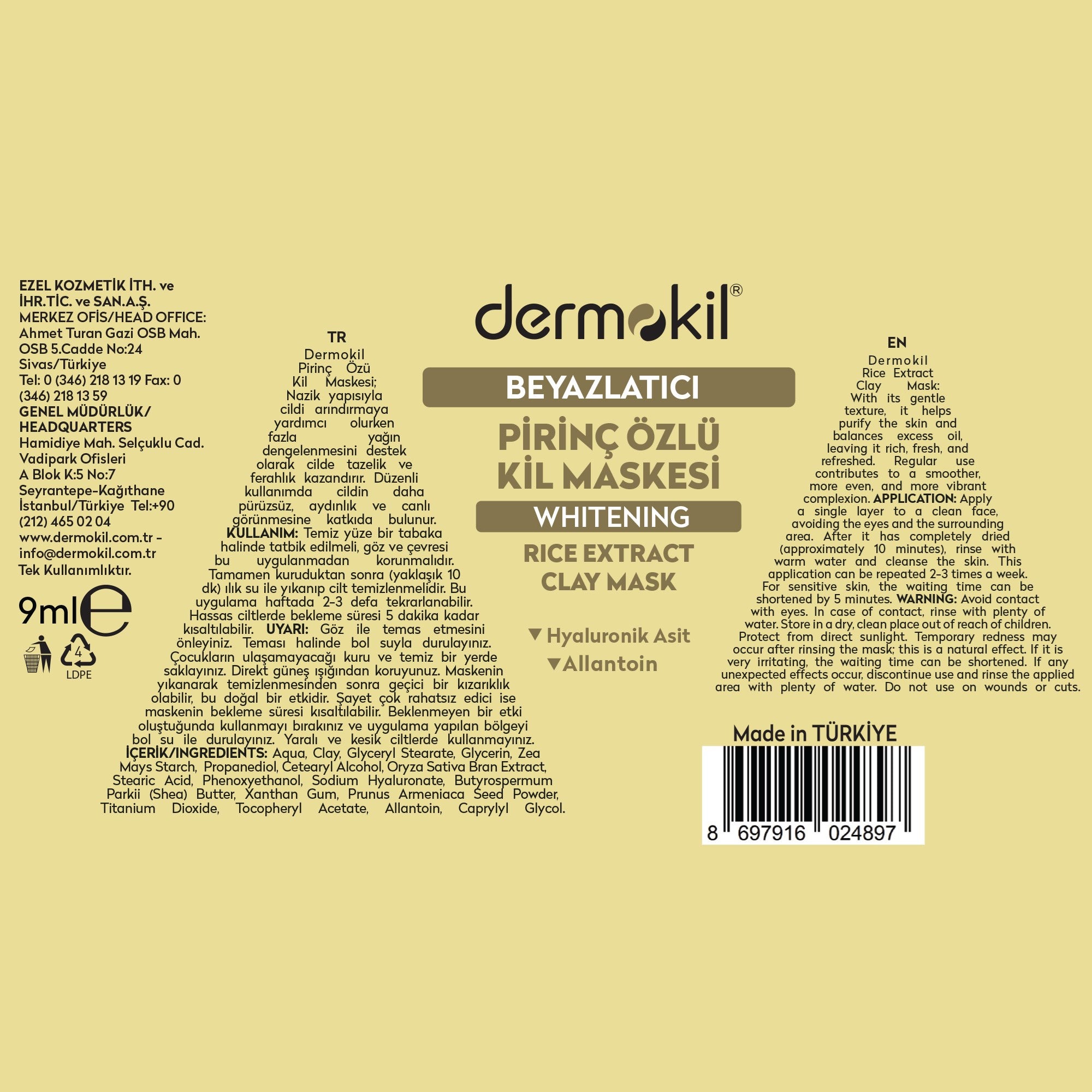 Beyazlatıcı Pirinç Özü Kil Maske 9 ml, Dermokil.