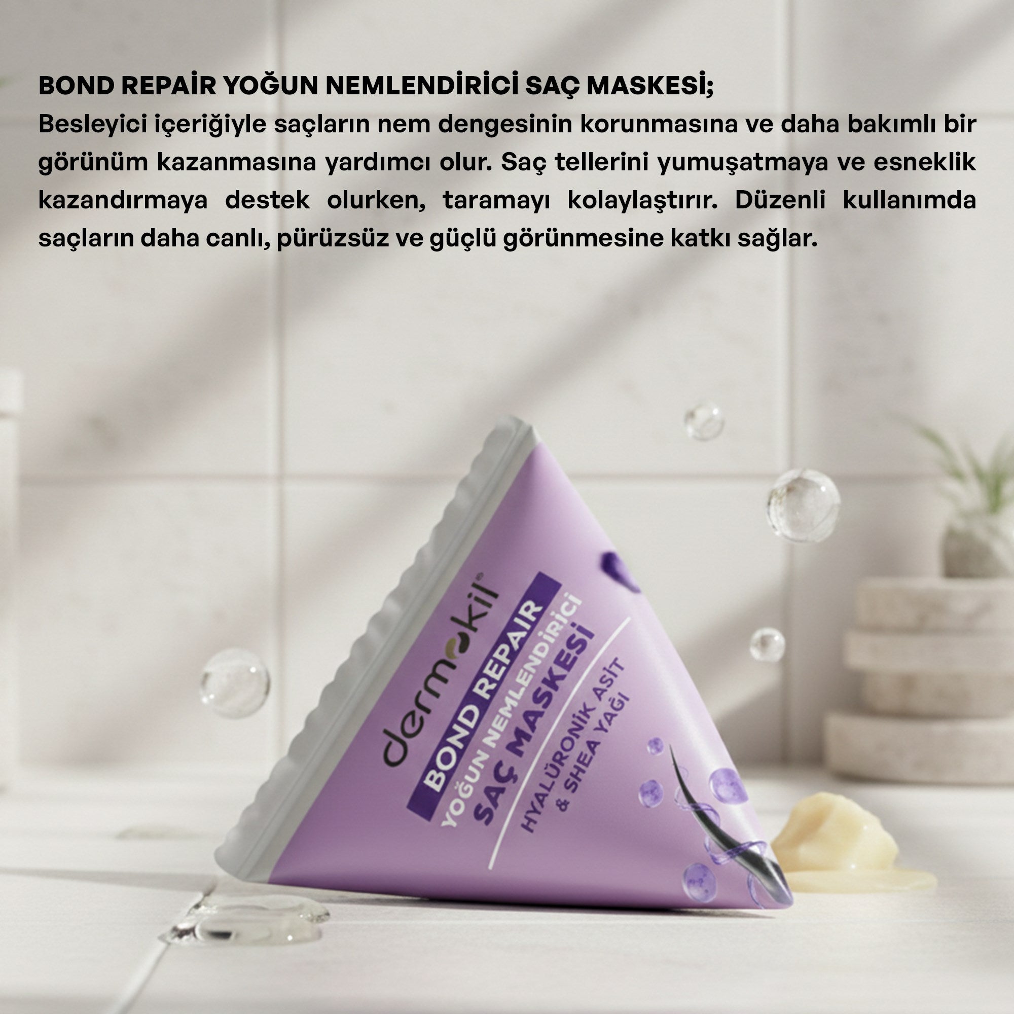 Bond repair etkili yoğun nemlendirici saç maskesi ile yıpranmış saçları onarmaya, saç bağlarını güçlendirmeye ve daha pürüzsüz, parlak ve sağlıklı bir saç görünümü kazandırmaya yardımcı bakım ürünü
