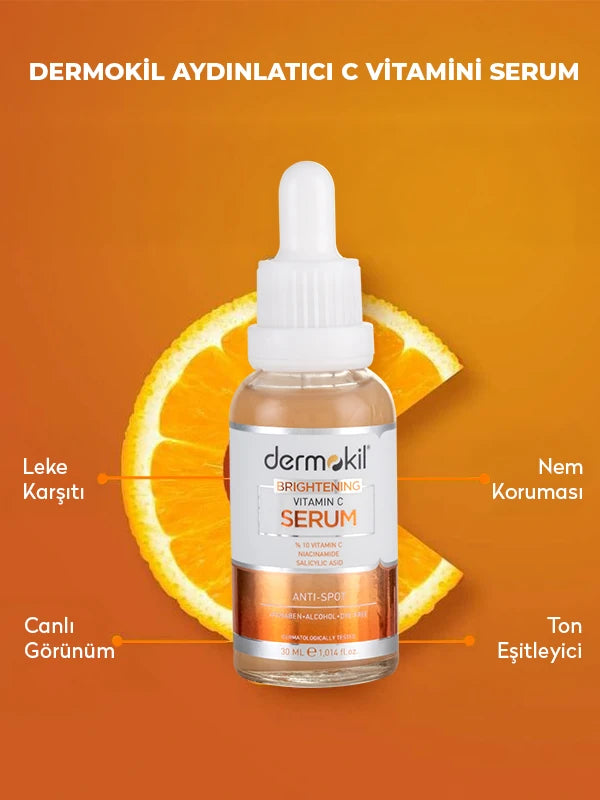 C vitamini içeren aydınlatıcı serum ile cilt tonunu eşitleyen, parlaklık kazandıran ve daha canlı, pürüzsüz bir cilt görünümü destekleyen bakım ürünü