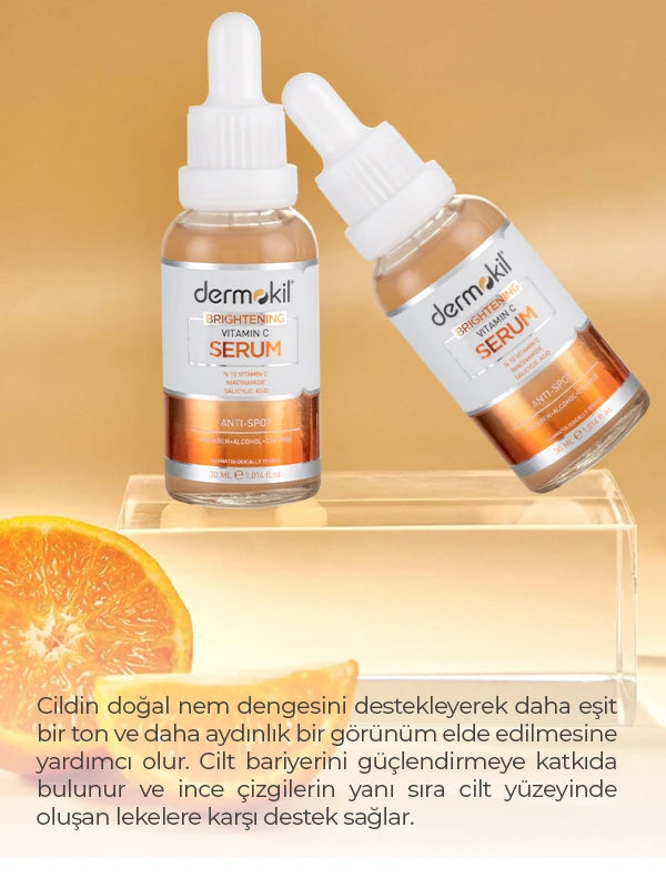 C vitamini içeren aydınlatıcı serum ile cilt tonunu eşitleyen, parlaklık kazandıran ve daha canlı, pürüzsüz bir cilt görünümü destekleyen bakım ürünü