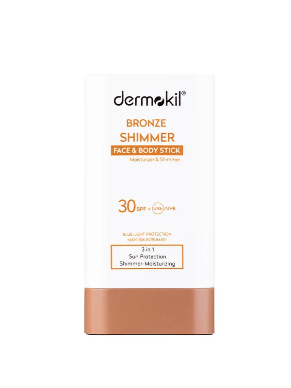 Bronzlaştırıcı etkili shimmer stick güneş kremi SPF 30 ile cilde ışıltılı bronz görünüm kazandıran ve güneşin zararlı etkilerine karşı koruma sağlayan pratik güneş koruyucu