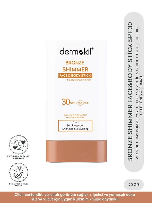 Bronzlaştırıcı etkili shimmer stick güneş kremi SPF 30 ile cilde ışıltılı bronz görünüm kazandıran ve güneşin zararlı etkilerine karşı koruma sağlayan pratik güneş koruyucu