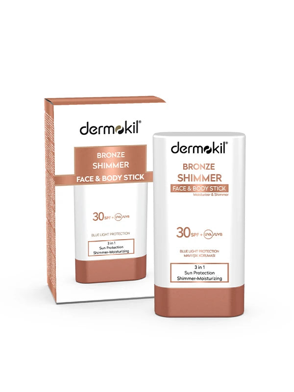 Bronzlaştırıcı etkili shimmer stick güneş kremi SPF 30 ile cilde ışıltılı bronz görünüm kazandıran ve güneşin zararlı etkilerine karşı koruma sağlayan pratik güneş koruyucu