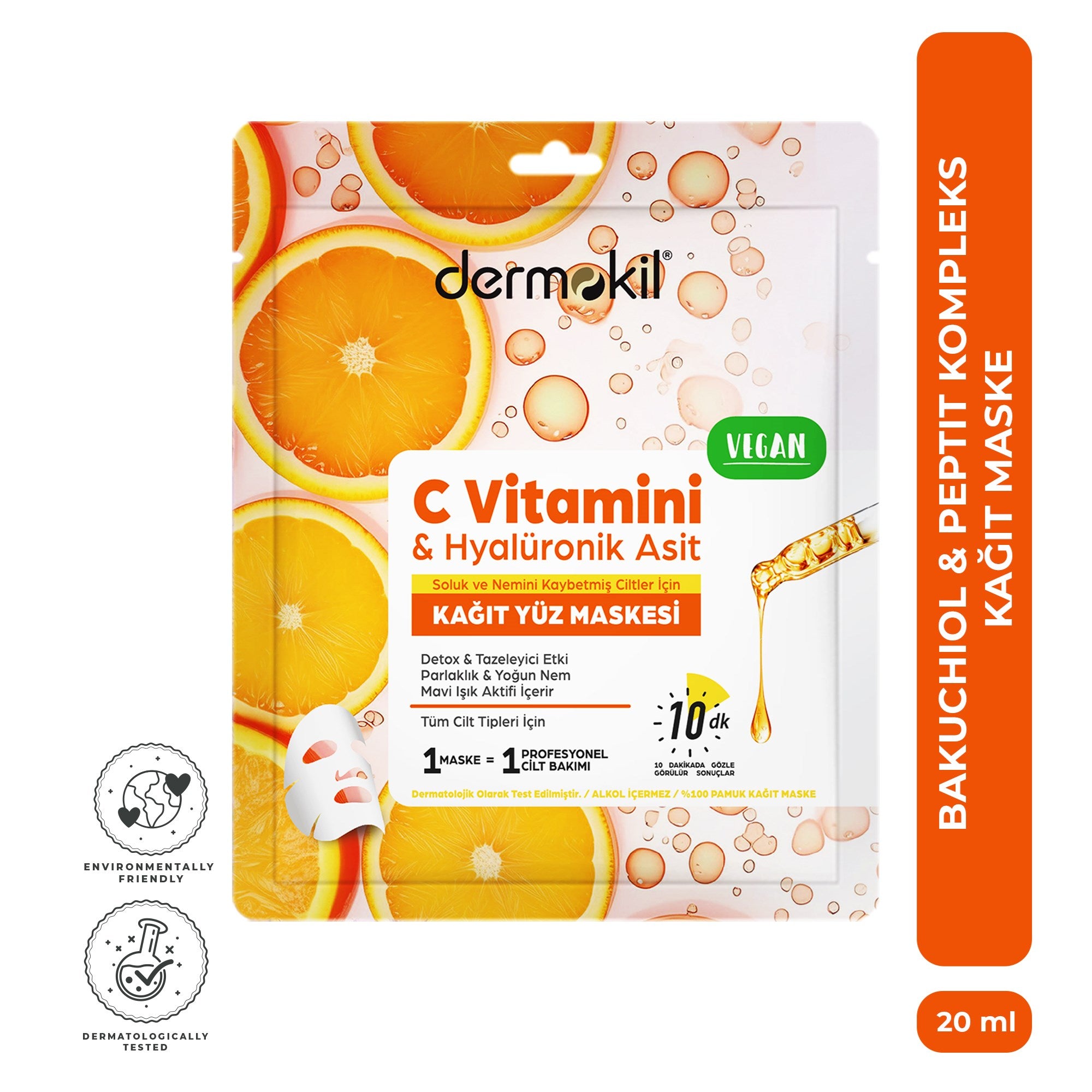 C vitamini ve hyaluronik asit içeren kağıt yüz maskesi ile cildi nemlendiren, aydınlatan ve daha canlı, pürüzsüz ve eşit tonlu bir cilt görünümü kazandırmaya yardımcı bakım ürünü