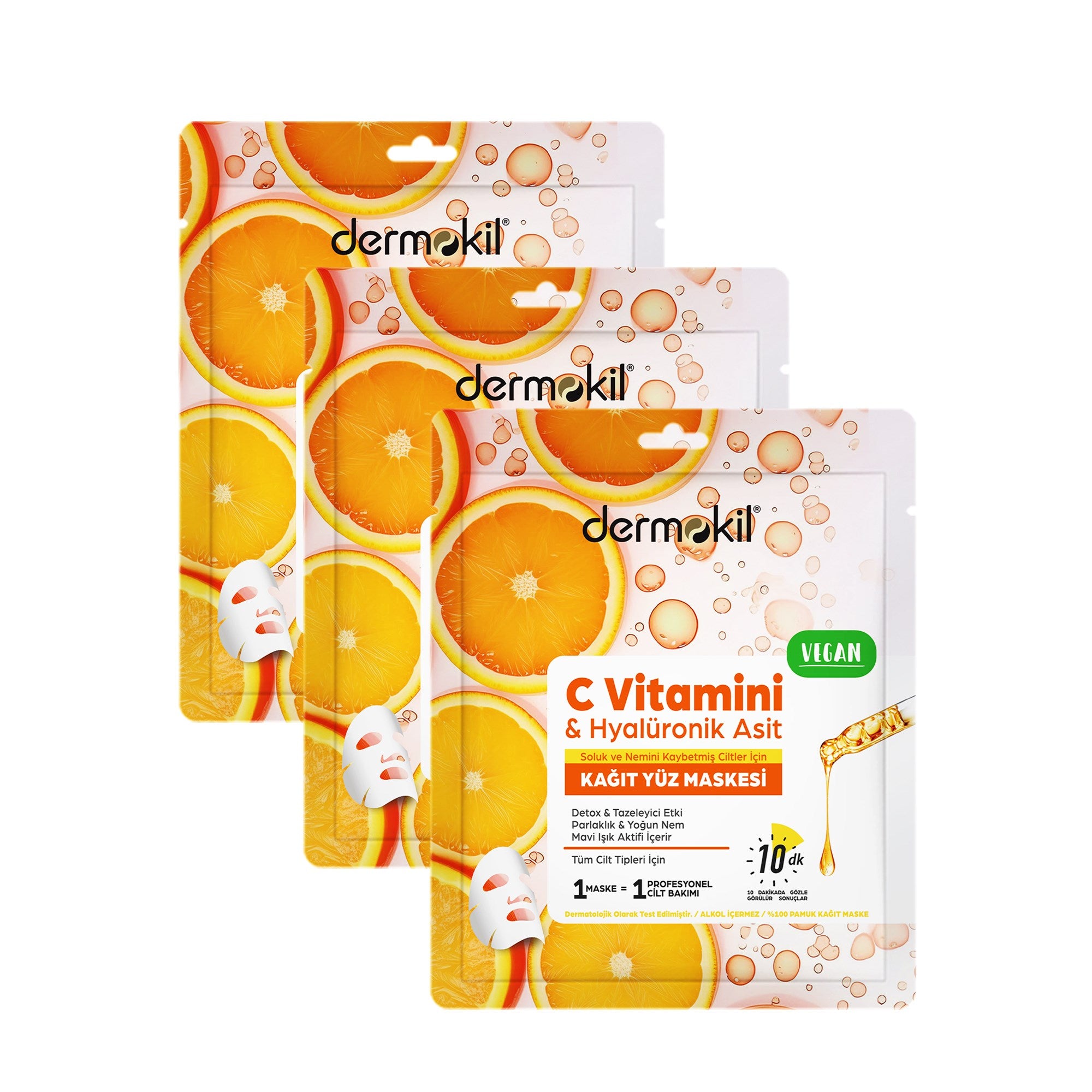 C vitamini ve hyaluronik asit içeren kağıt yüz maskesi seti ile cildi nemlendiren, aydınlatan ve daha canlı, pürüzsüz ve eşit tonlu bir cilt görünümü kazandırmaya yardımcı bakım ürünü