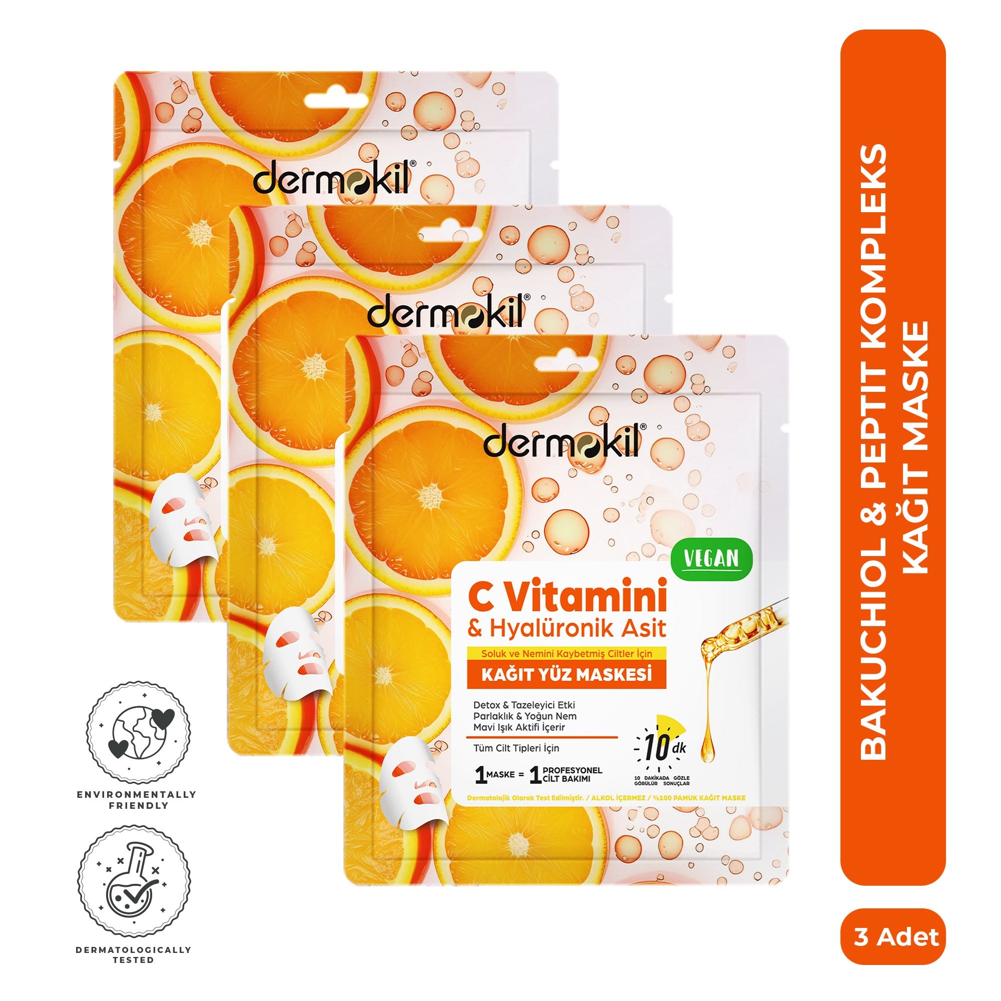 C vitamini ve hyaluronik asit içeren kağıt yüz maskesi seti ile cildi nemlendiren, aydınlatan ve daha canlı, pürüzsüz ve eşit tonlu bir cilt görünümü kazandırmaya yardımcı bakım ürünü