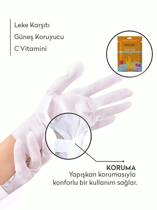 C vitamini içeren leke karşıtı güneş korumalı el maskesi ile elleri nemlendiren, leke oluşumunu önlemeye yardımcı olan ve daha aydınlık bir görünüm kazandıran bakım ürünü