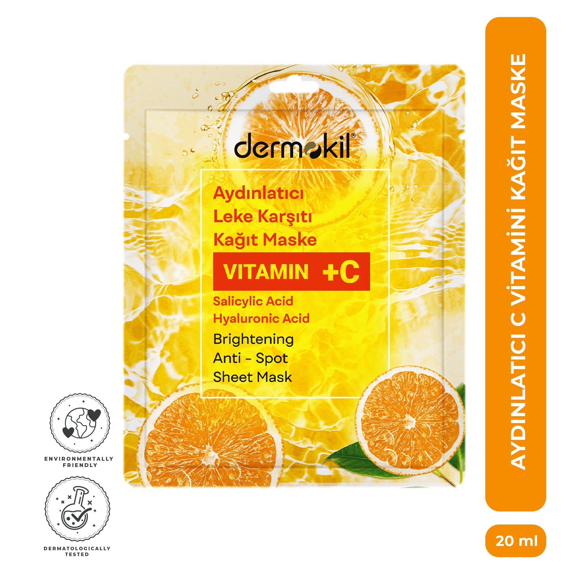 C vitamini içeren leke karşıtı kağıt yüz maskesi ile cilt tonunu eşitleyen, aydınlatan ve daha canlı bir görünüm kazandırmaya yardımcı olan bakım ürünü