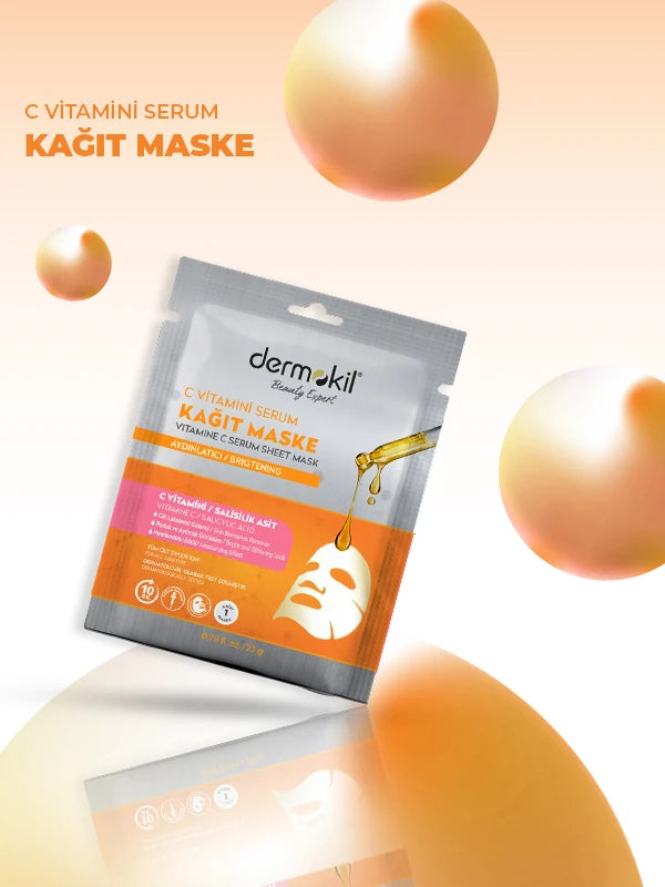 C vitamini içeren serum kağıt yüz maskesi ile cildi aydınlatan, canlandıran ve daha eşit tonlu, parlak bir cilt görünümü kazandırmaya yardımcı olan bakım ürünü