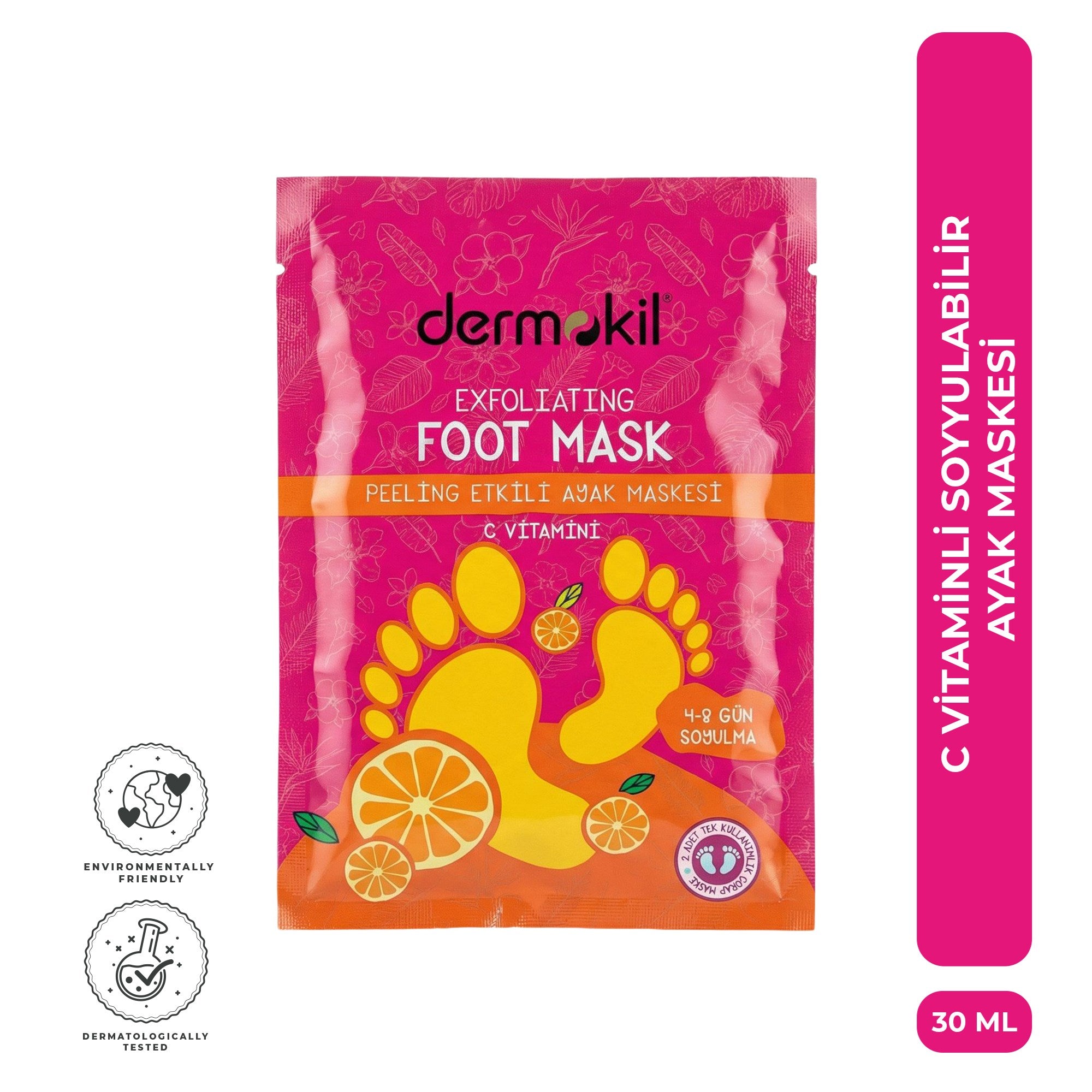 C vitamini içeren soyulabilen çorap tipi ayak maskesi ile ölü derileri arındırarak daha yumuşak ayaklara yardımcı olur