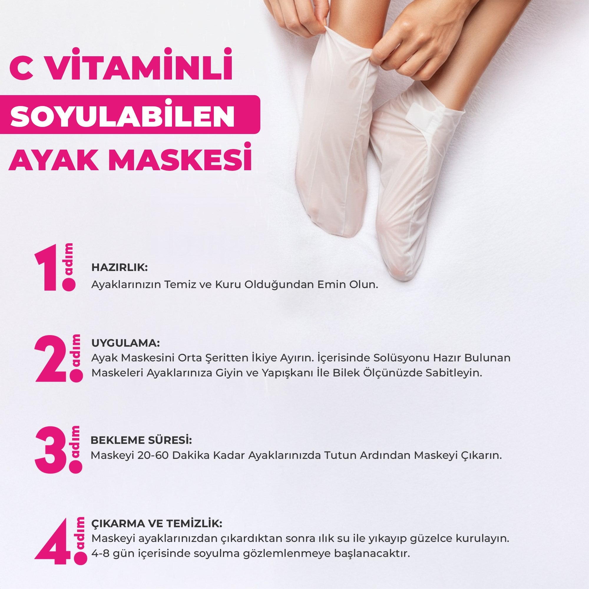 Dermokil peeling etkili ayak maskesi sertleşmiş deriyi yenileyerek pürüzsüz bir topuk görünümü sağlar