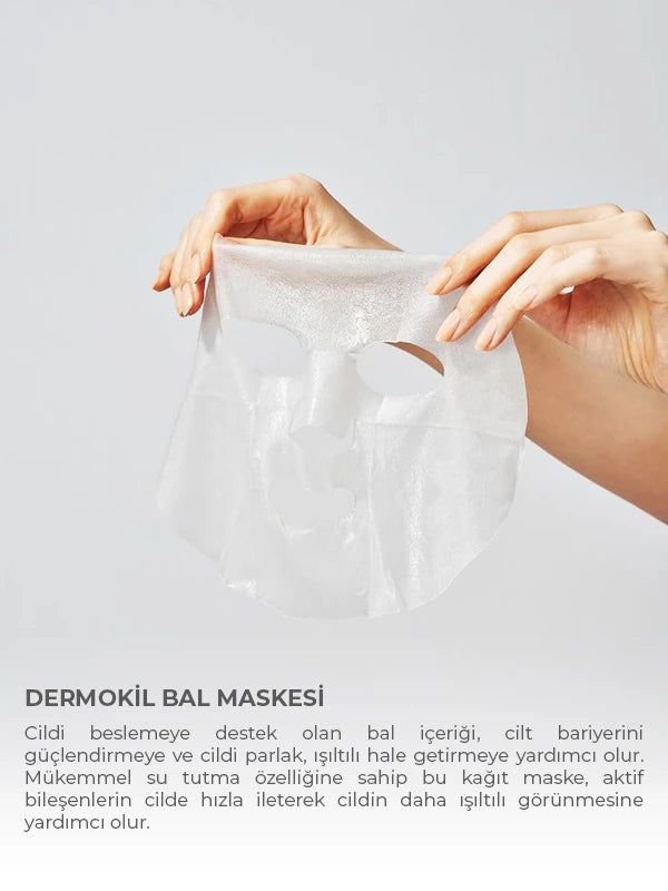 Bal içerikli kağıt yüz maskesi ile cildi besleyen, nemlendiren ve daha canlı, sağlıklı bir görünüm kazandırmaya yardımcı olan bakım ürünü