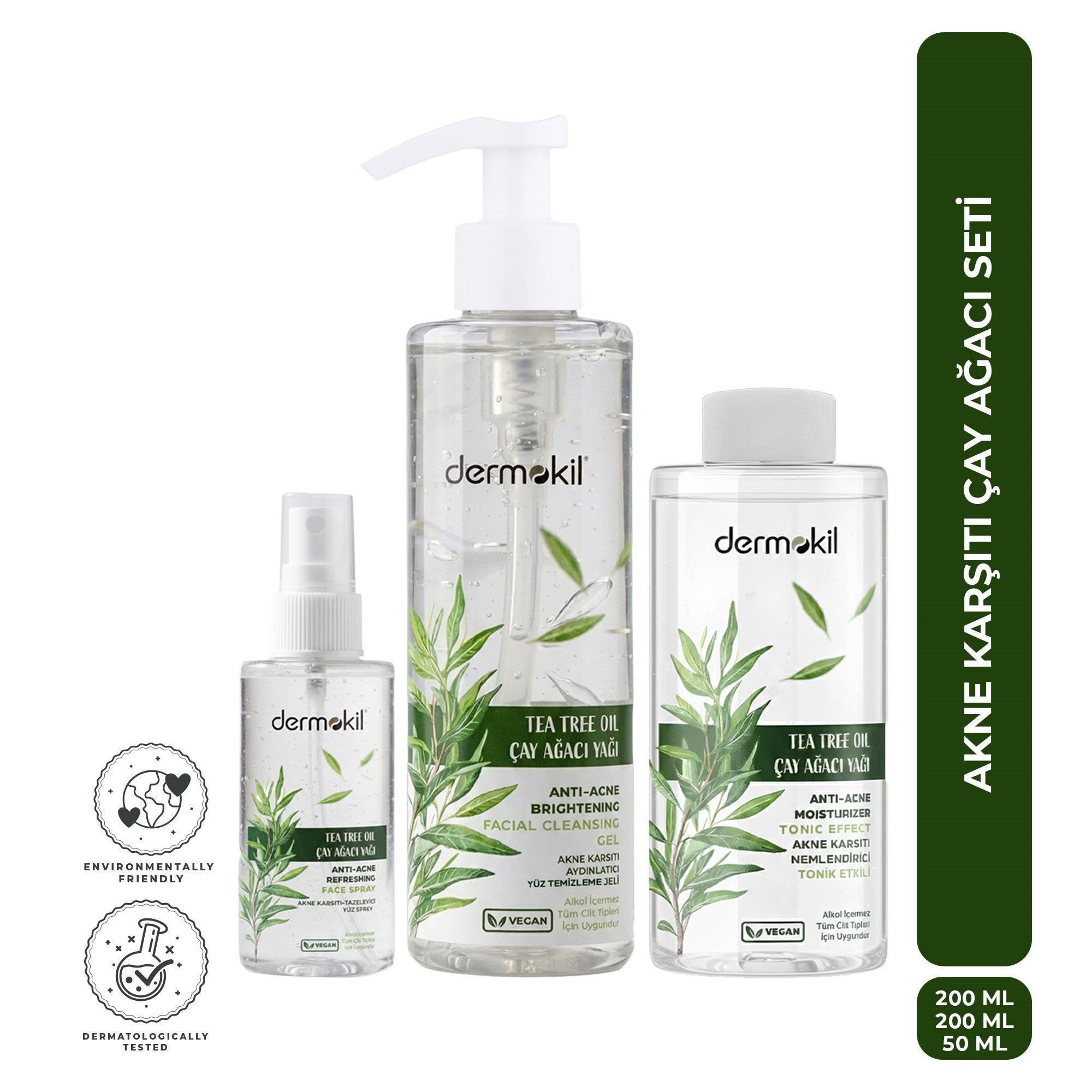 Çay ağacı içeren akne karşıtı cilt bakım seti ile cildi arındıran, fazla yağı dengeleyen ve daha temiz, pürüzsüz ve dengeli bir cilt görünümü kazandırmaya yardımcı bakım seti