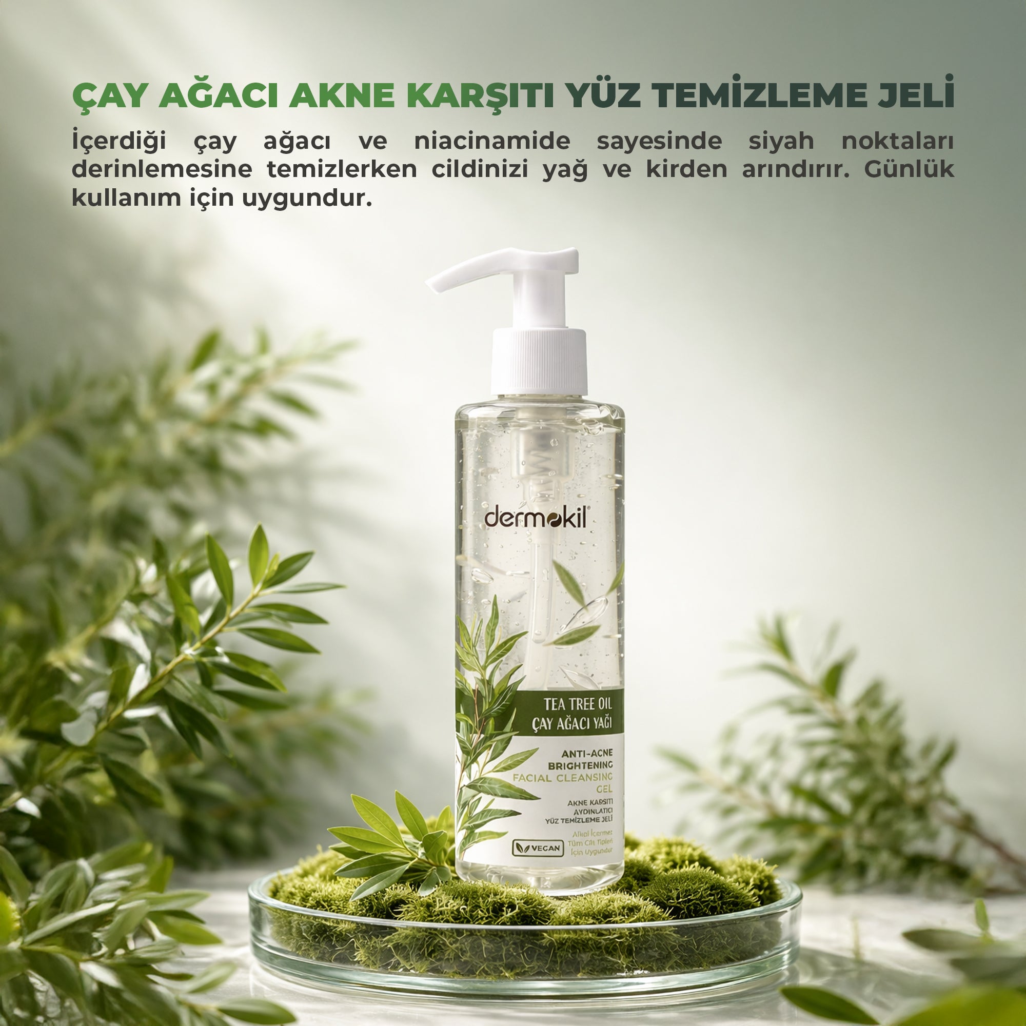 Çay ağacı içeren akne karşıtı yüz temizleme jeli ile cildi derinlemesine arındıran, fazla yağı dengeleyen ve daha temiz, pürüzsüz ve dengeli bir cilt görünümü kazandırmaya yardımcı bakım ürünü