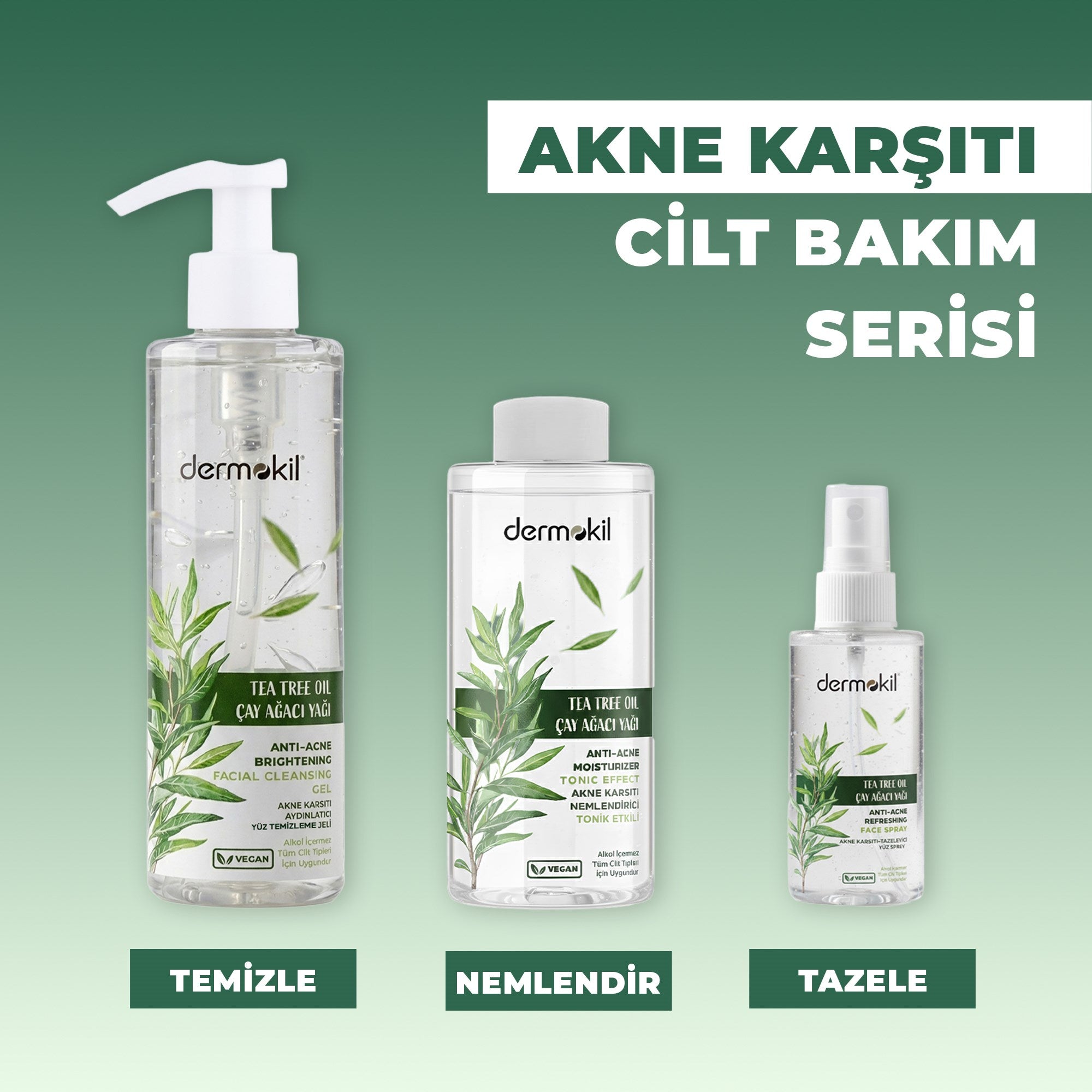 Çay ağacı içeren akne karşıtı cilt bakım seti ile cildi arındıran, fazla yağı dengeleyen ve daha temiz, pürüzsüz ve dengeli bir cilt görünümü kazandırmaya yardımcı bakım seti