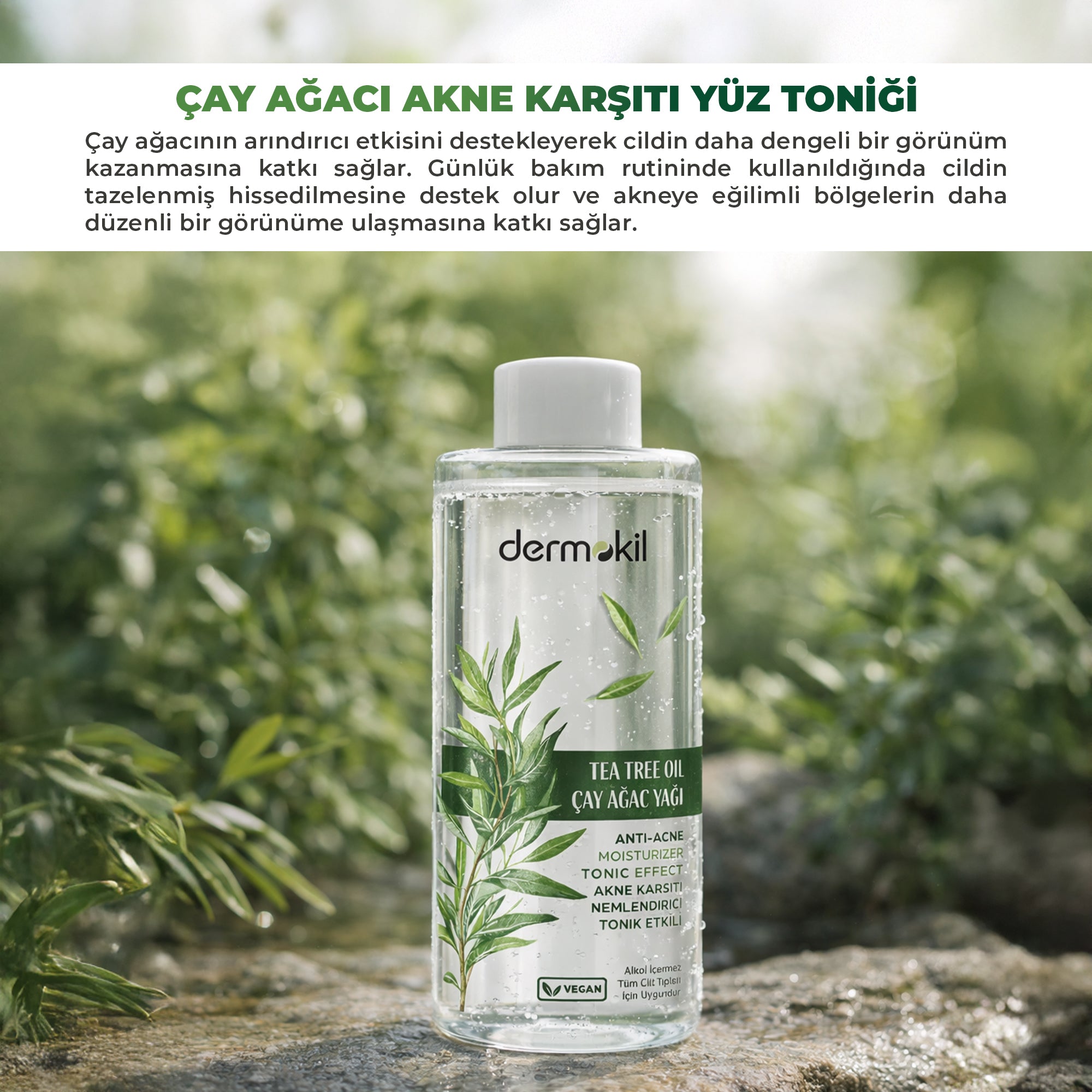 Çay ağacı içerikli akne karşıtı tonik ile cildi arındıran, gözenekleri sıkılaştırmaya yardımcı olan ve akne oluşumunu azaltarak daha temiz, dengeli ve pürüzsüz bir cilt görünümü kazandıran bakım ürünü