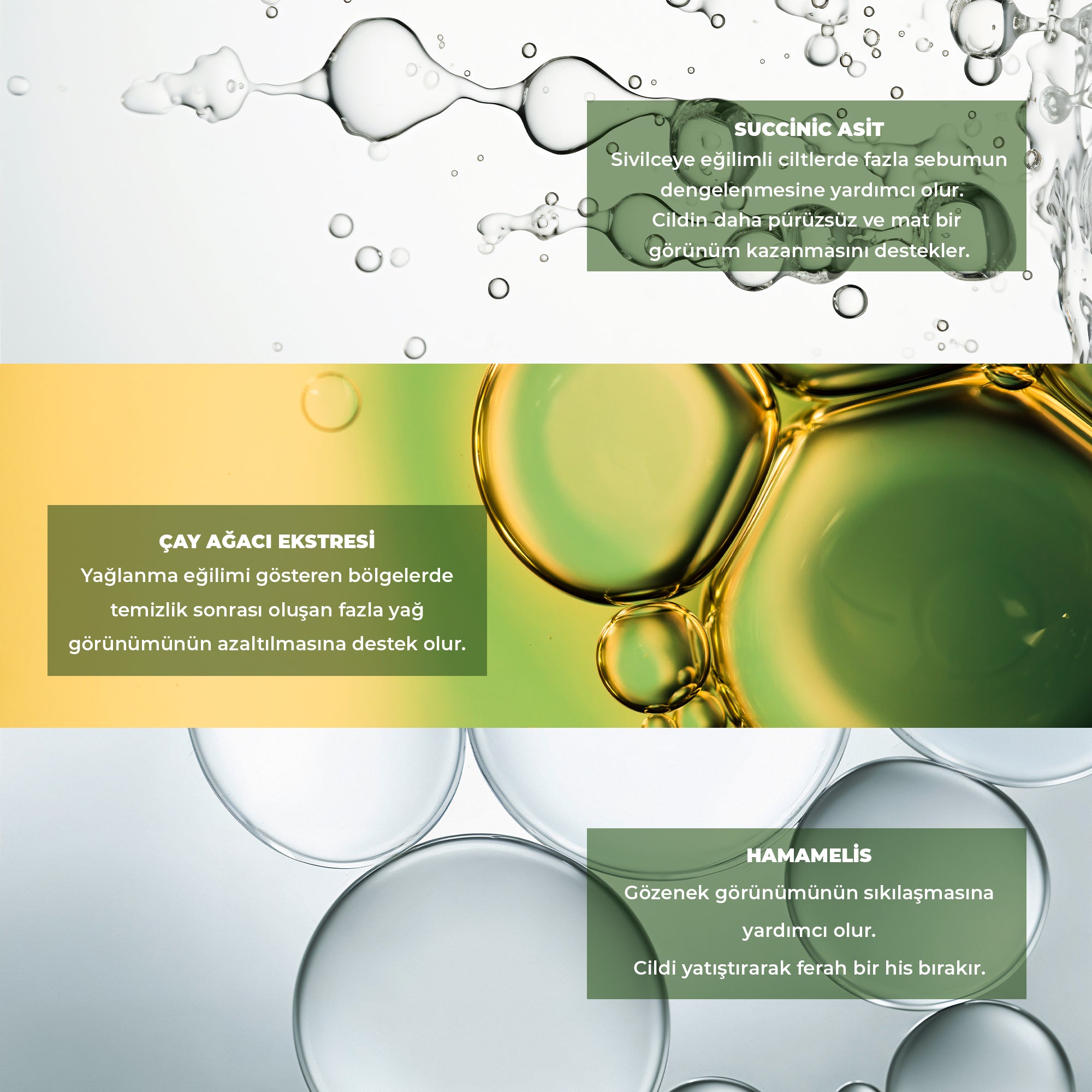 Çay ağacı içeren akne karşıtı yüz spreyi ile cildi ferahlatan, fazla yağı dengeleyen ve akne oluşumunu azaltmaya yardımcı olarak daha temiz ve dengeli bir cilt görünümü kazandıran bakım ürünü